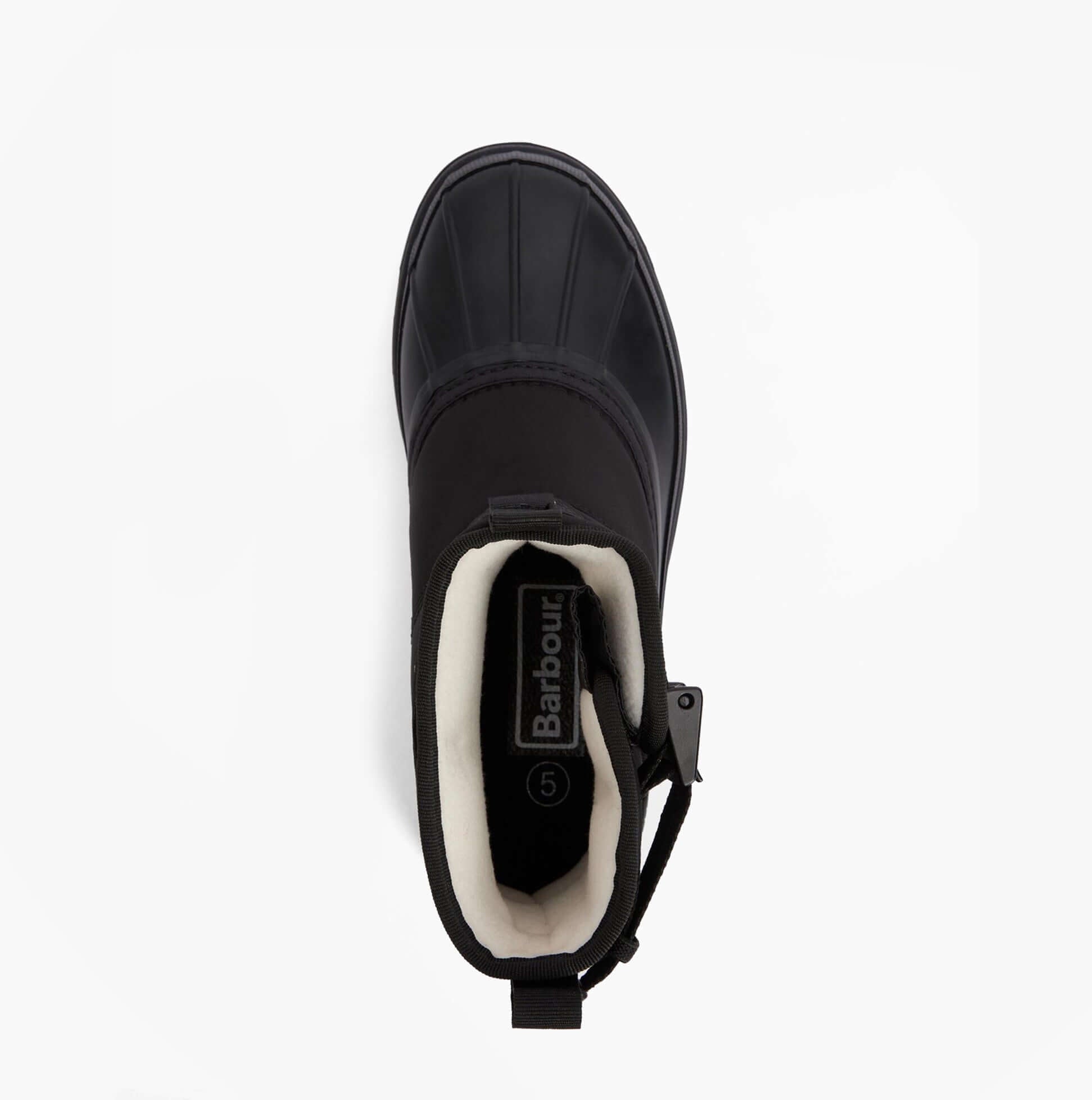 Barbour BRAYBOURN Womens Duck Boot Wellies Black top view showcasing the comfort lining and sleek design.