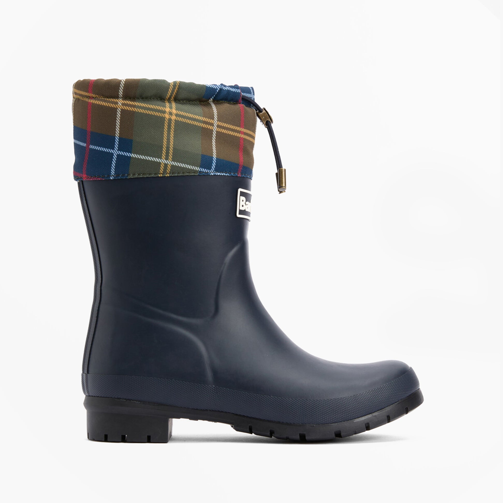 Barbour MOWBRAY Womens Mid Wellies Navy/Classic Tartan side view with tartan cuff and rubber sole.