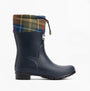 Barbour MOWBRAY Womens Mid Wellies Navy/Classic Tartan side view with tartan cuff and rubber sole.
