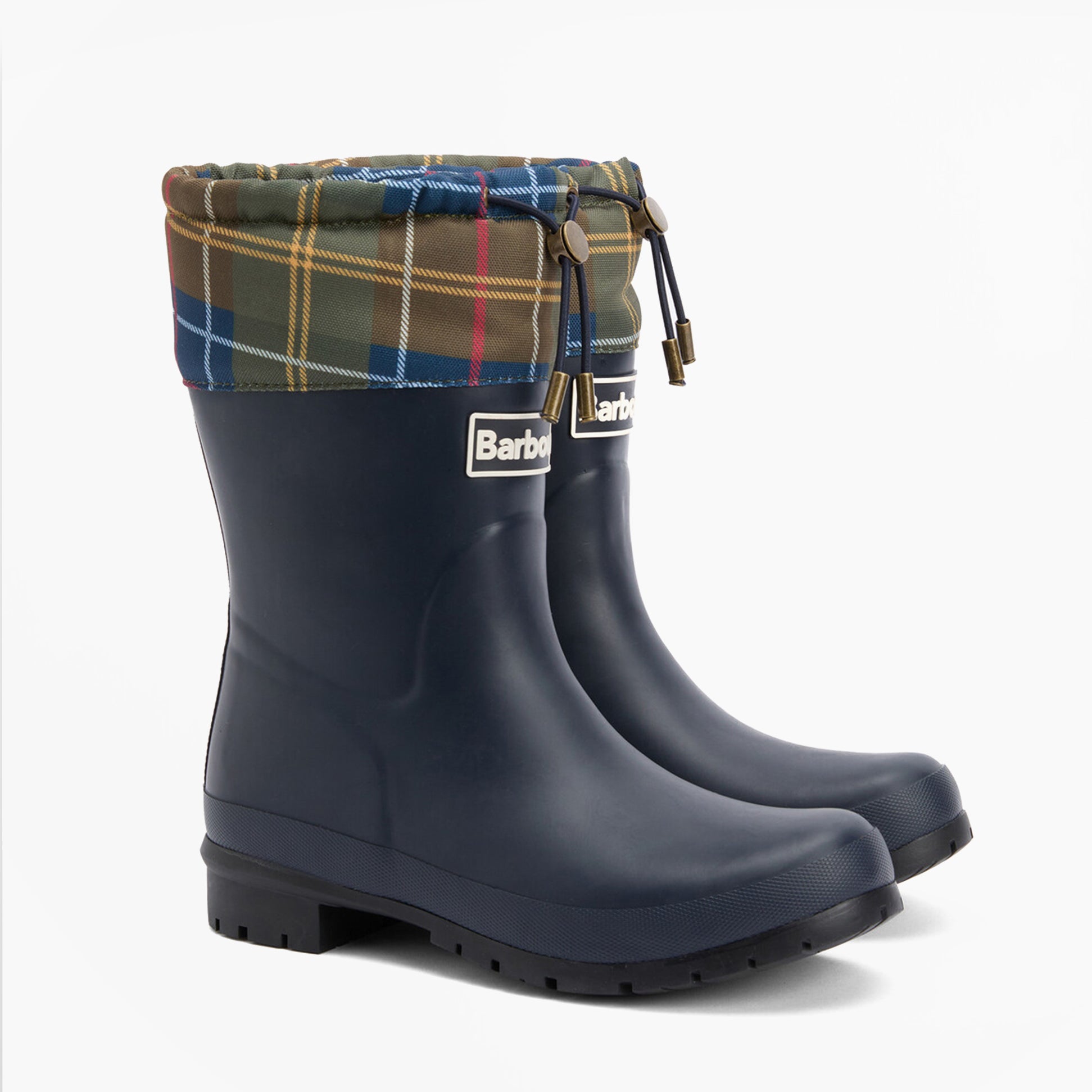 Barbour MOWBRAY Womens Mid Wellies Navy/Classic Tartan side view showing synthetic rubber and tartan lining.