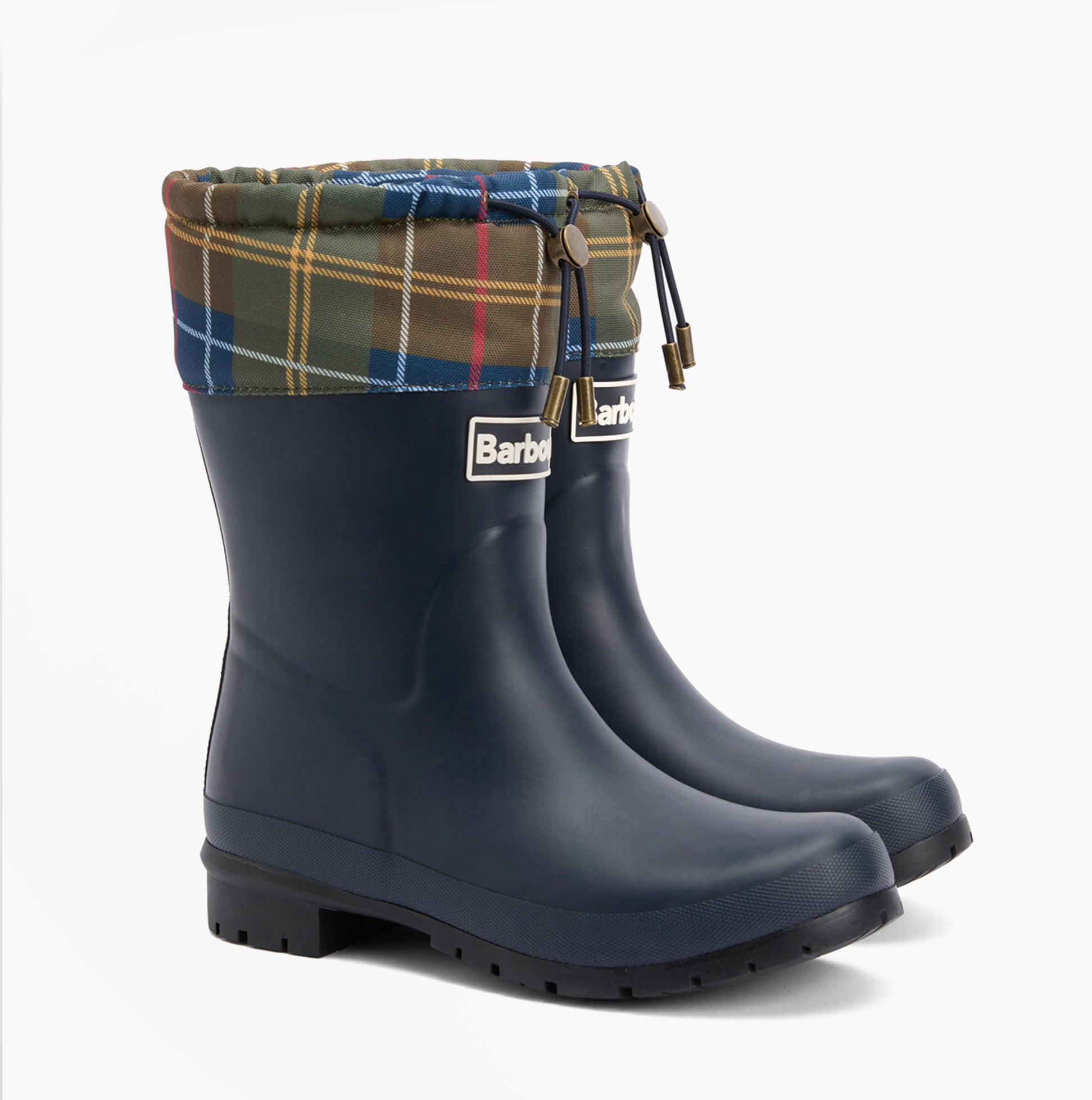 Barbour MOWBRAY Womens Mid Wellies Navy/Classic Tartan side view showing synthetic rubber and tartan lining.