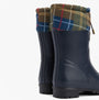 Barbour MOWBRAY Womens Mid Wellies Navy/Classic Tartan rear view showcasing waterproof design and tartan lining.