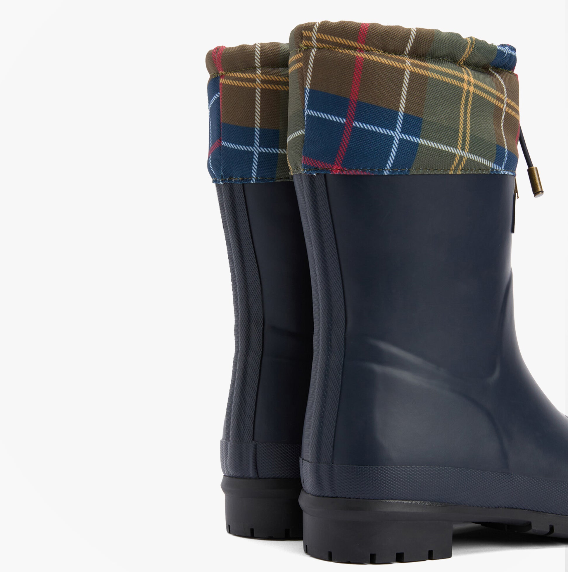 Barbour MOWBRAY Womens Mid Wellies Navy/Classic Tartan rear view showcasing waterproof design and tartan lining.