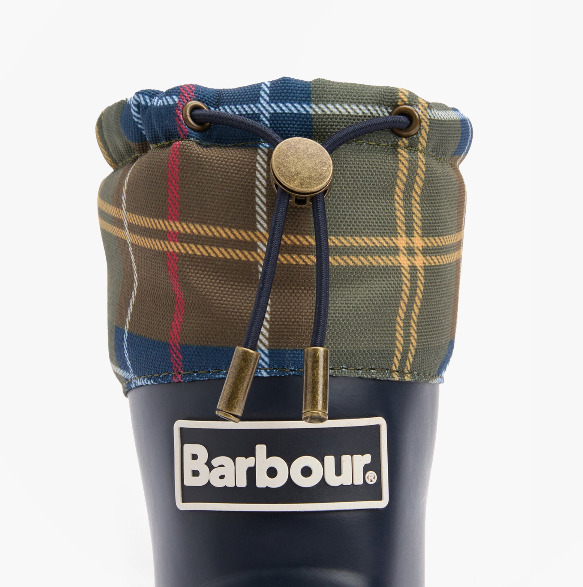 Barbour MOWBRAY Womens Mid Wellies Navy/Classic Tartan detail view showing the tartan collar and logo.
