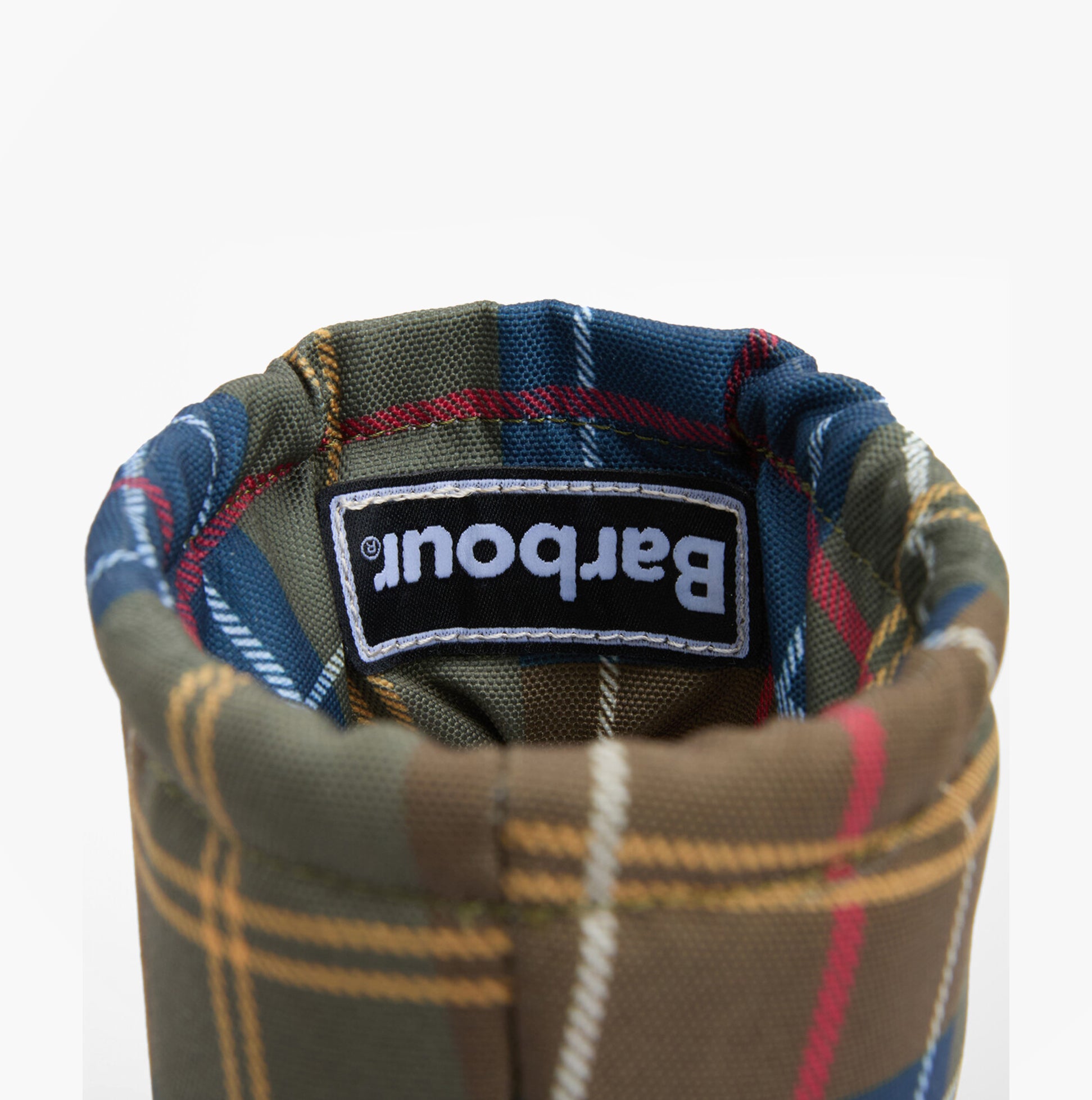Barbour MOWBRAY Womens Mid Wellies Navy/Classic Tartan interior view showcasing the classic tartan lining and logo.