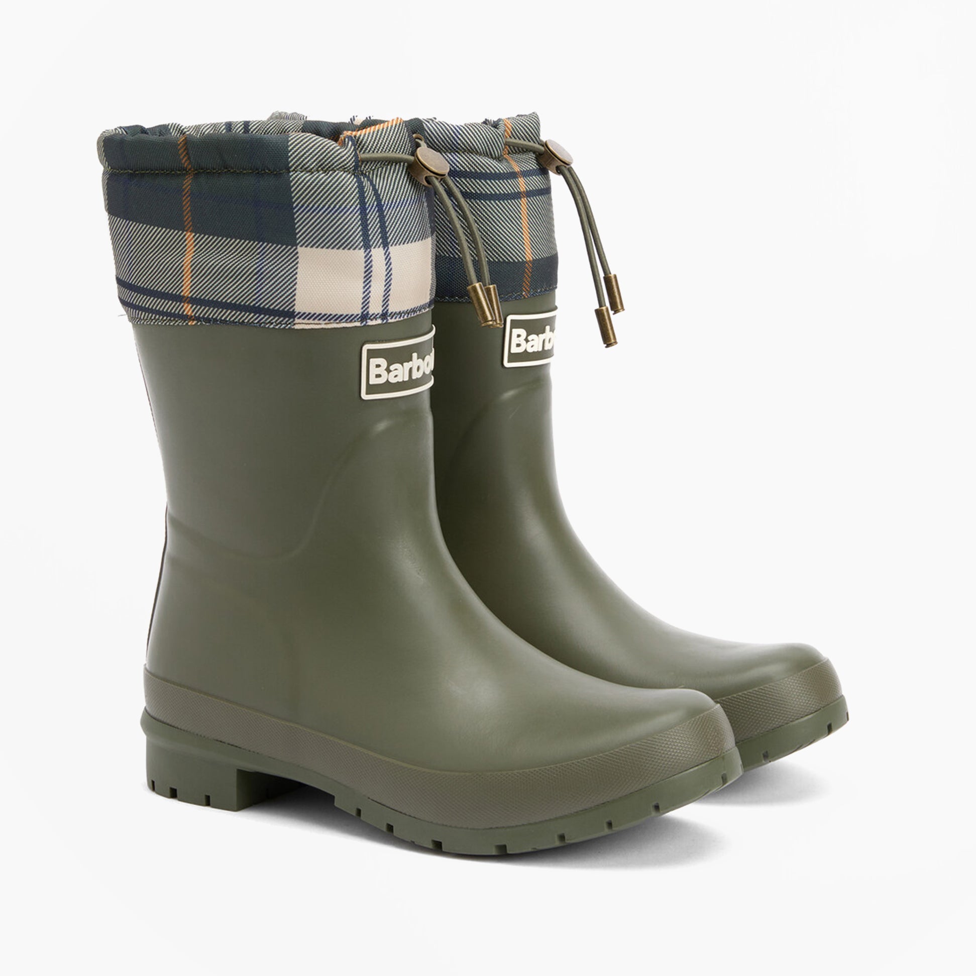 Barbour MOWBRAY Womens Mid Wellies Olive/Ancient Tartan side view showcasing synthetic material and plaid detail.