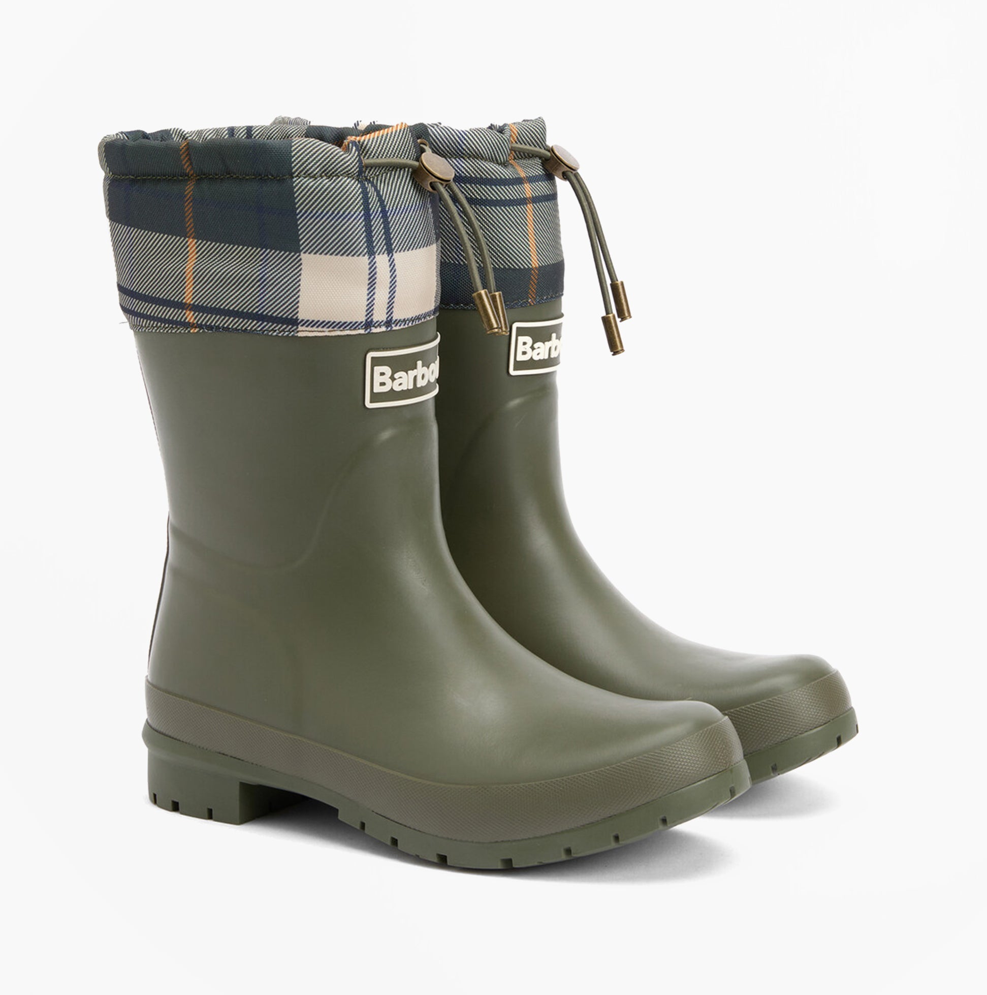 Barbour MOWBRAY Womens Mid Wellies Olive/Ancient Tartan side view showcasing synthetic material and plaid detail.