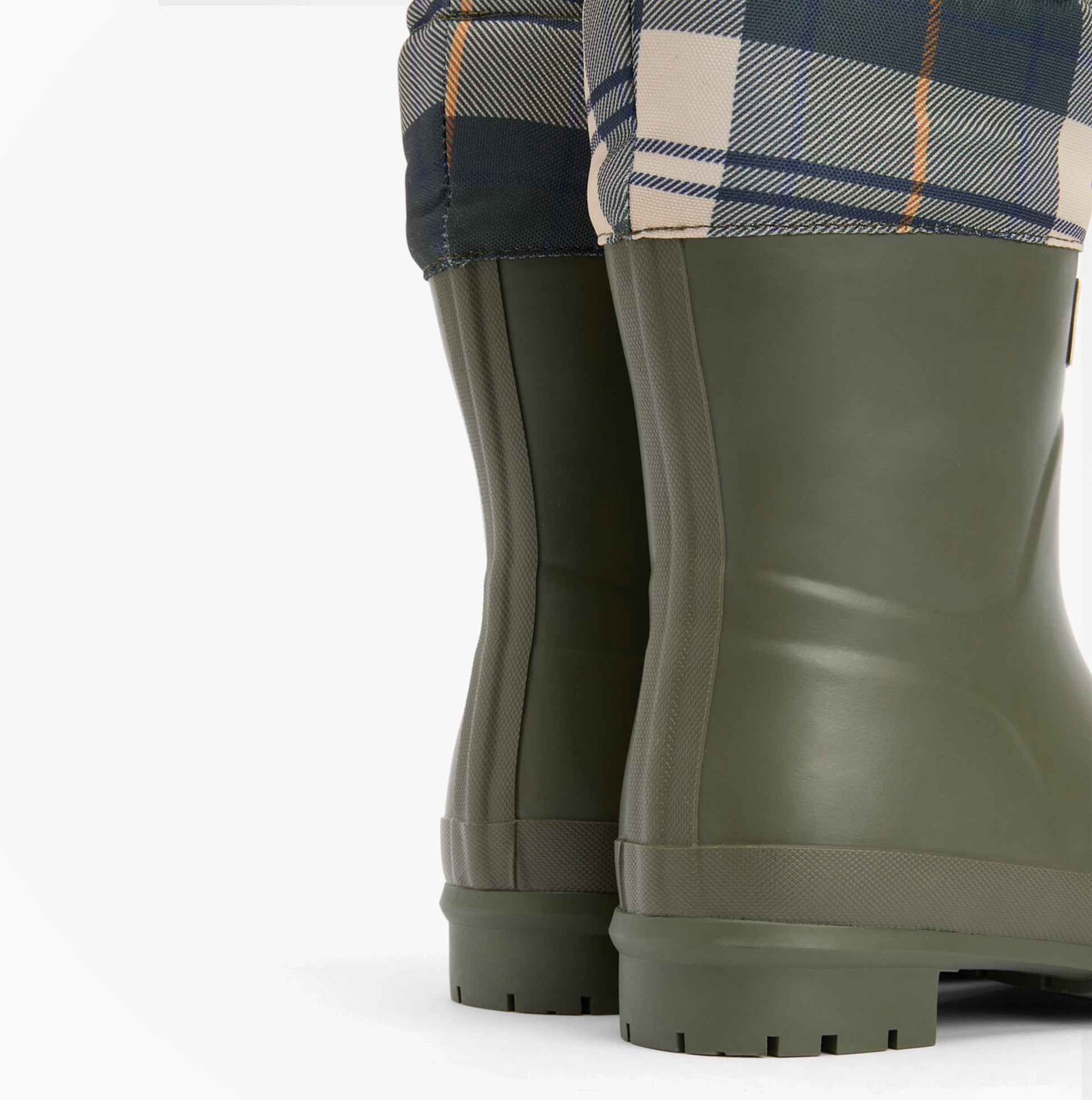 Barbour MOWBRAY Womens Mid Wellies Olive/Ancient Tartan back view showing mid-calf design and rubber sole.