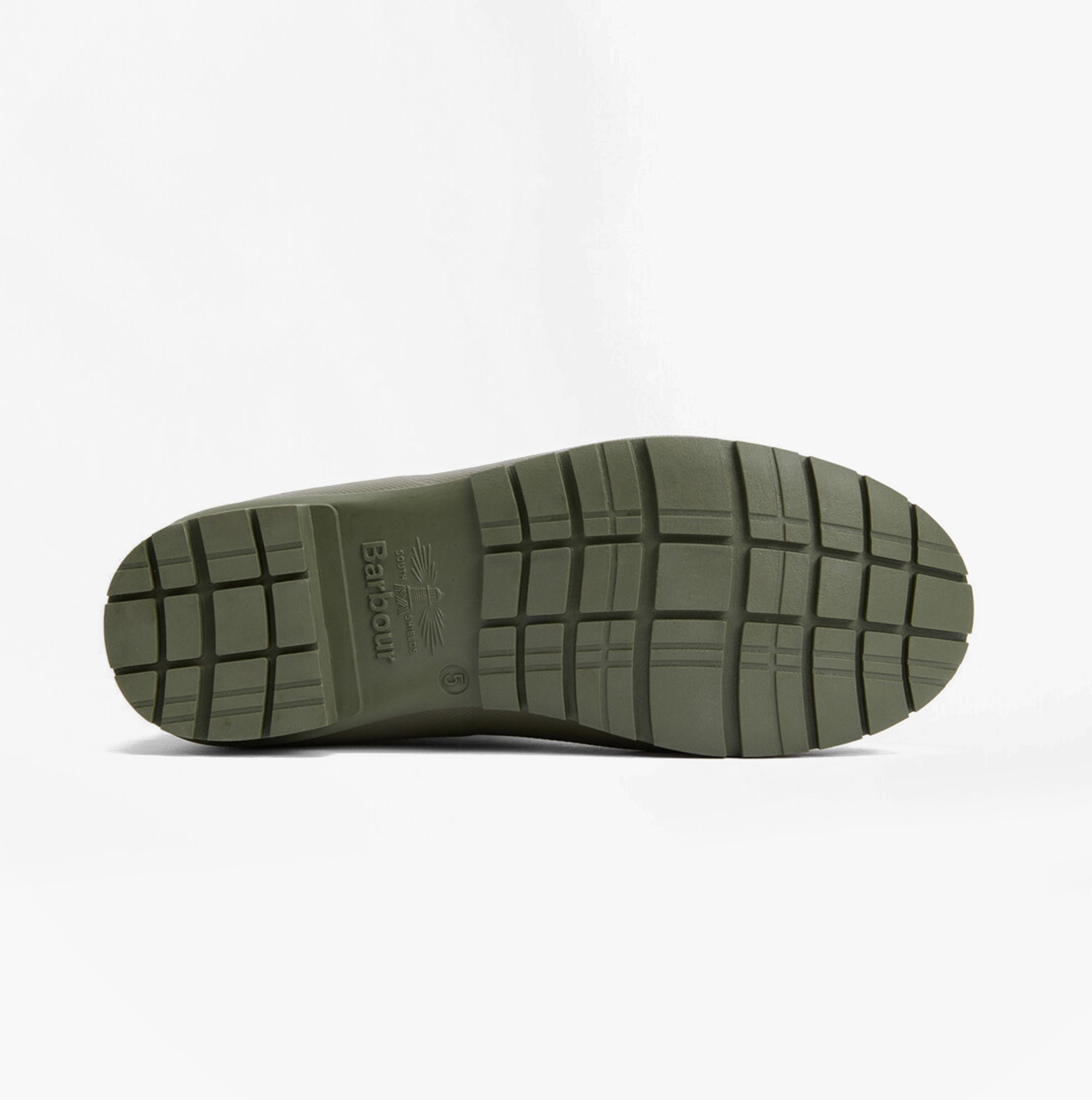 Barbour MOWBRAY Womens Mid Wellies Olive/Ancient Tartan bottom view, showcasing the rubber sole texture and grip pattern.