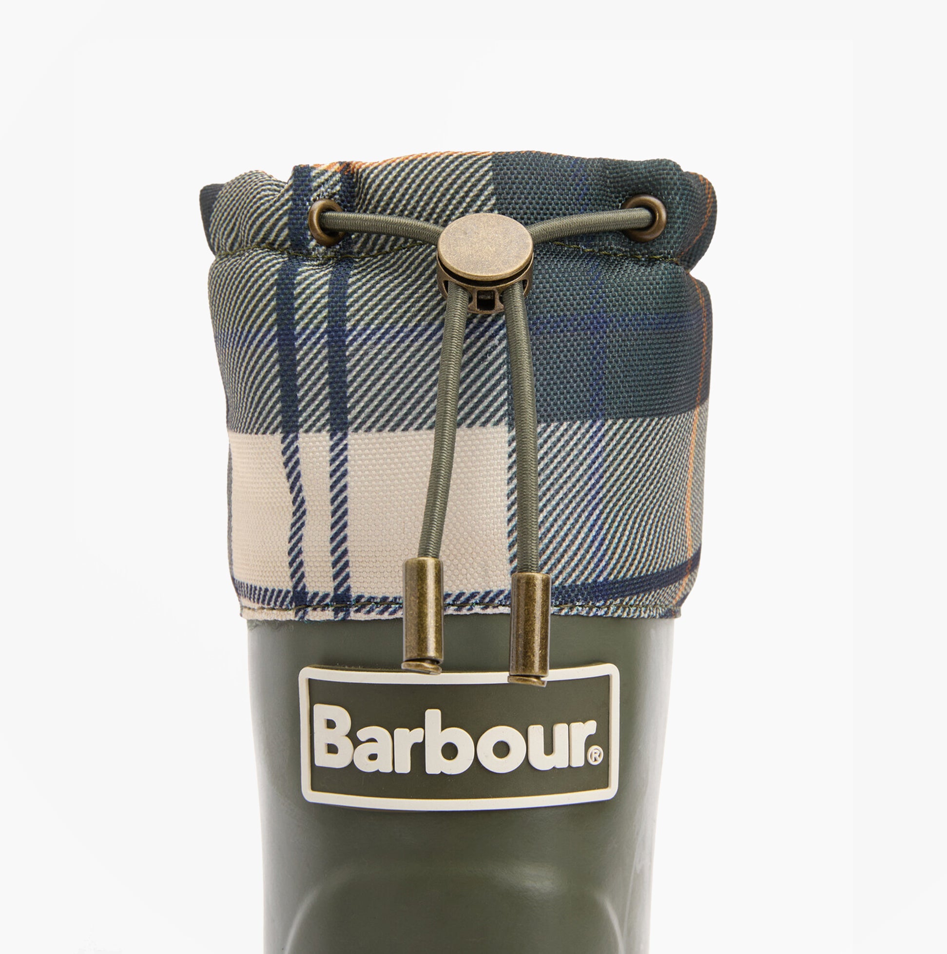 Barbour MOWBRAY Womens Mid Wellies Olive/Ancient Tartan top detail view featuring tartan cuff and logo.