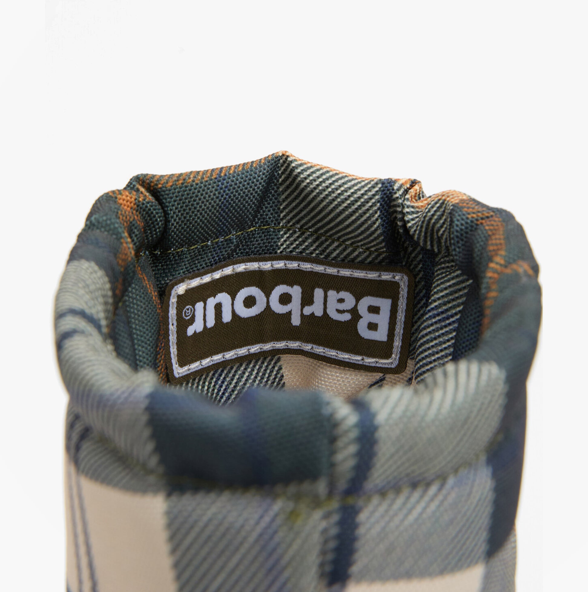 Barbour MOWBRAY Womens Mid Wellies Olive/Ancient Tartan interior detail view showcasing plaid lining and brand label.