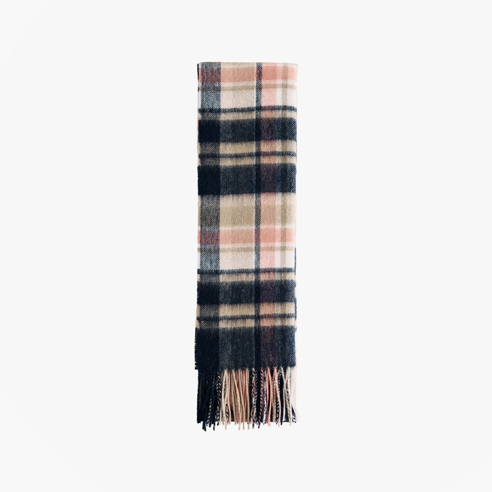 Barbour VINTAGE PLAID Scarf Womens Navy/Pink Rust front view, showing fringed hem and classic plaid pattern.