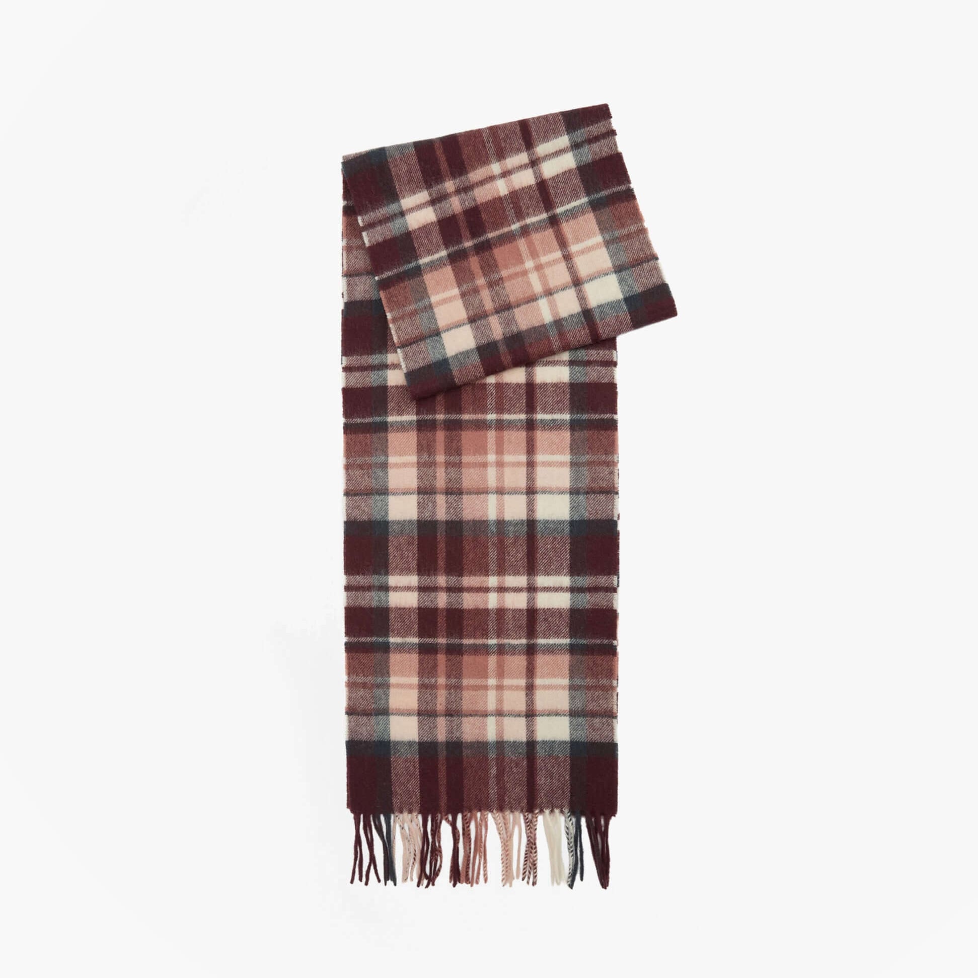 Barbour VINTAGE PLAID Womens Winter Fudge scarf front view showcasing plaid design and fringe details.
