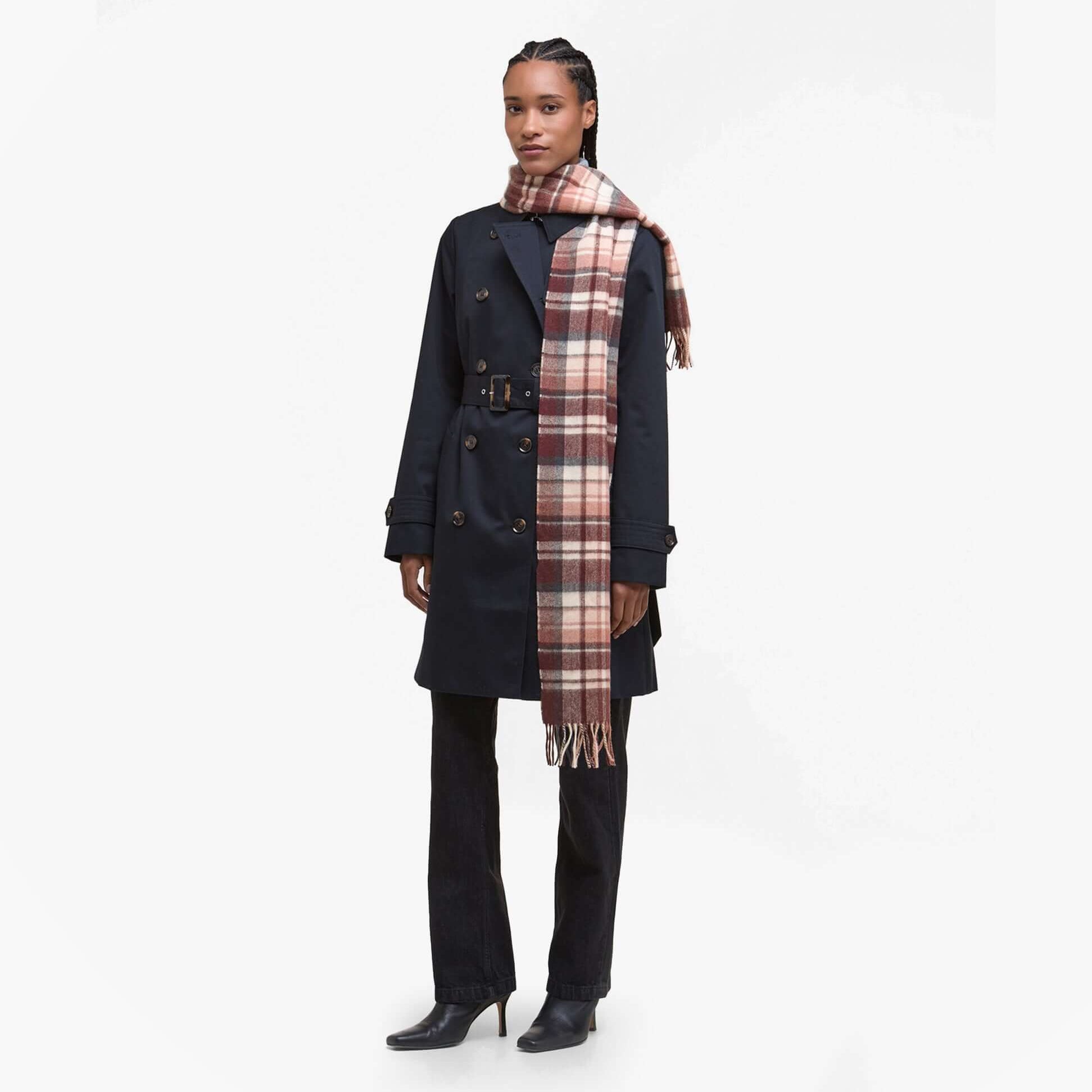 Barbour VINTAGE PLAID Womens Winter Fudge, front view of scarf draped over model in navy coat.