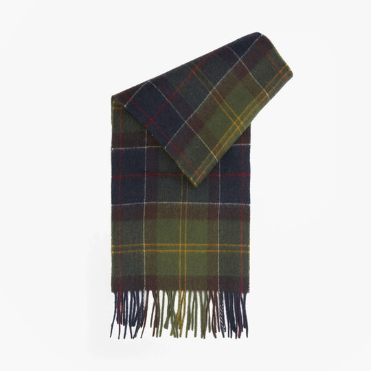 Barbour TARTAN Womens Winter Classic Tartan scarf front view with fringe detailing.