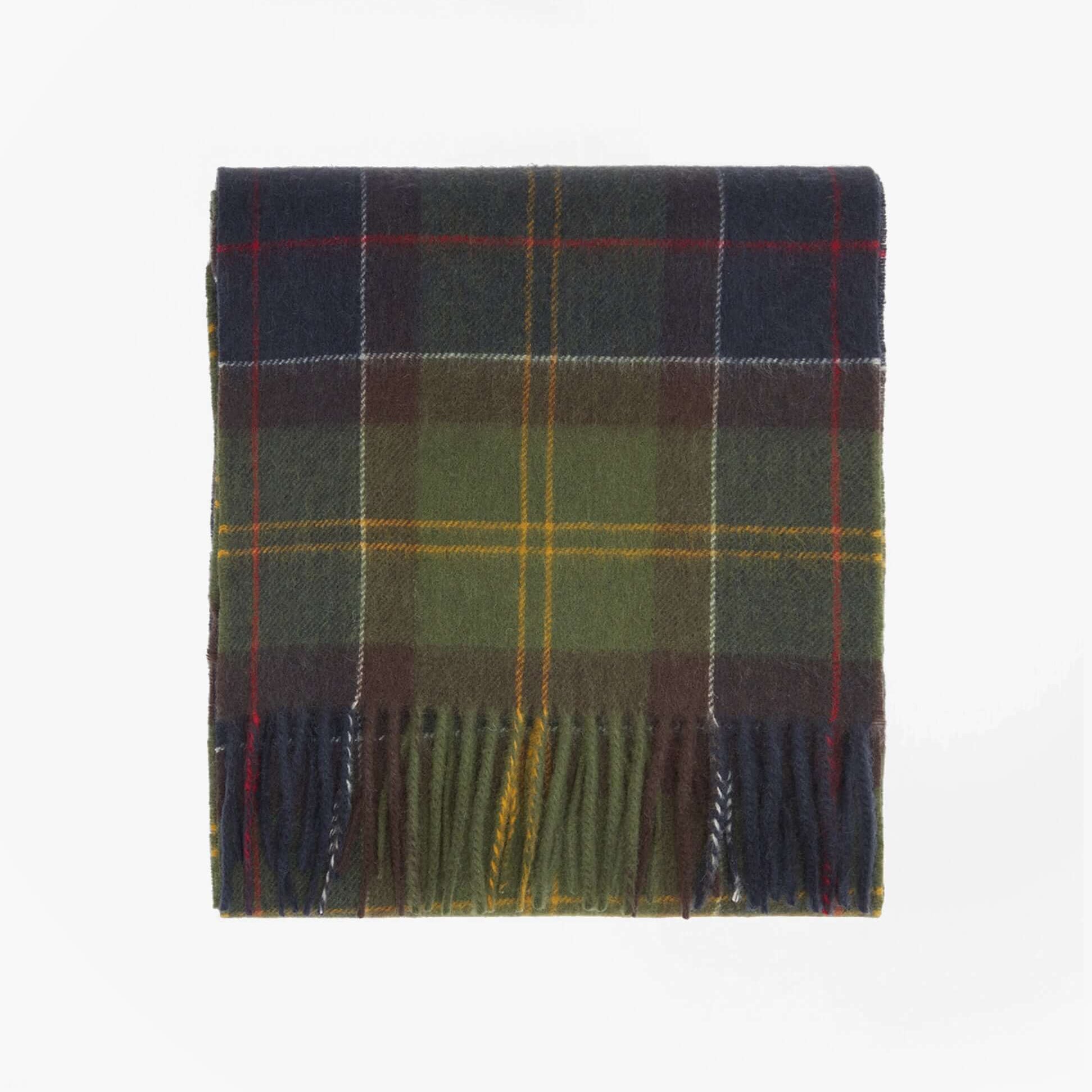 Barbour TARTAN Womens Winter Classic Tartan front viewfolded scarf in green, navy, and burgundy tartan pattern.