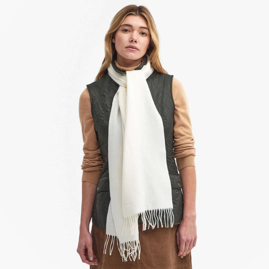 Barbour LAMBSWOOL WOVEN Womens Winter Cream front view model wearing scarf with fringe details
