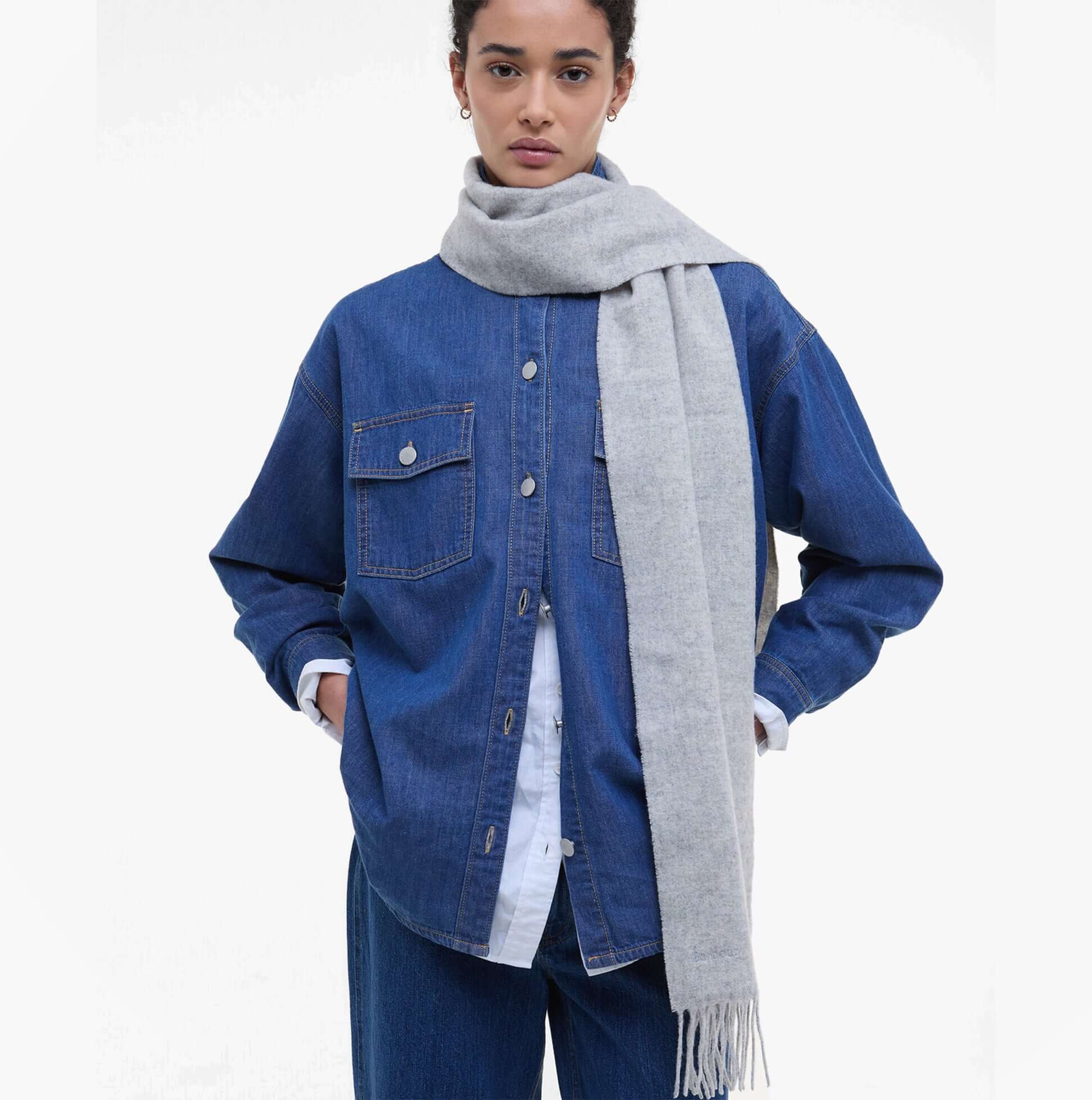 Barbour LAMBSWOOL WOVEN Womens Winter Light Grey Melange front view, model wearing scarf, stylish denim outfit.
