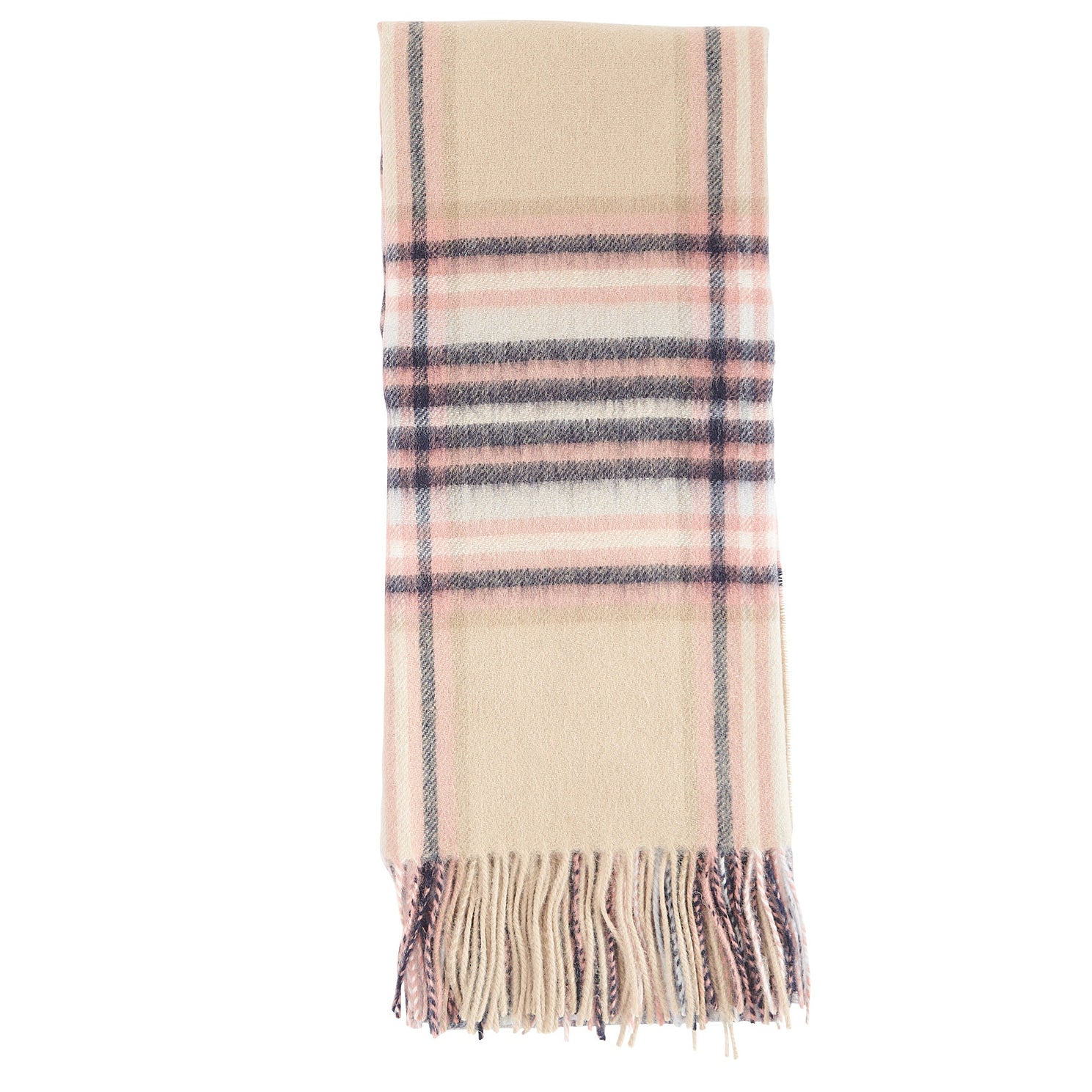 Barbour LONNEN Scarf Womens White Pepper, front view showing country-inspired check design and tasselled hem.