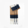 Barbour ISLA TARTAN BOUCLE Womens Winter Hessian Tartan front view wool scarf in tan and navy with fringe.