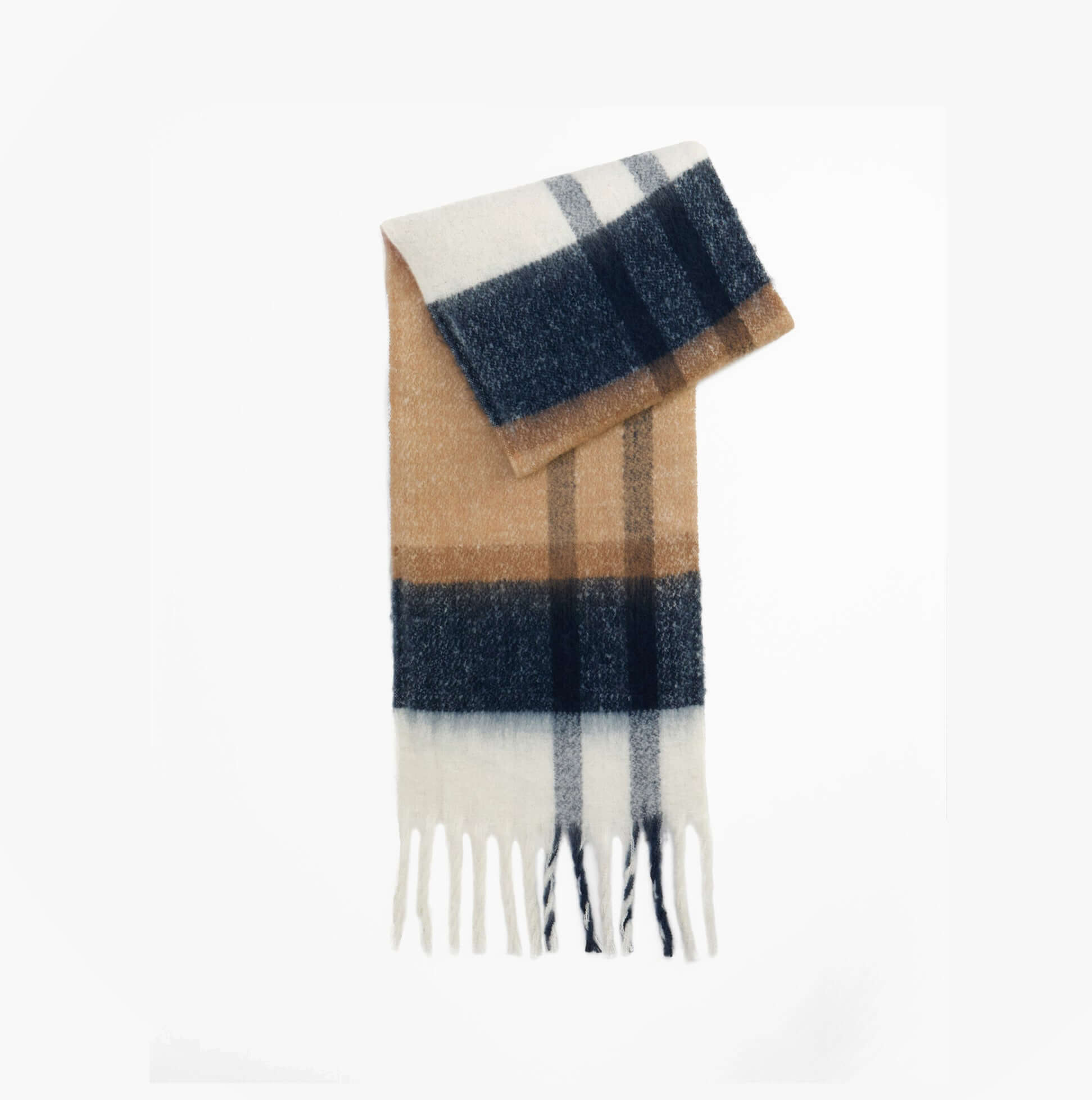Barbour ISLA TARTAN BOUCLE Womens Winter Hessian Tartan front view wool scarf in tan and navy with fringe.