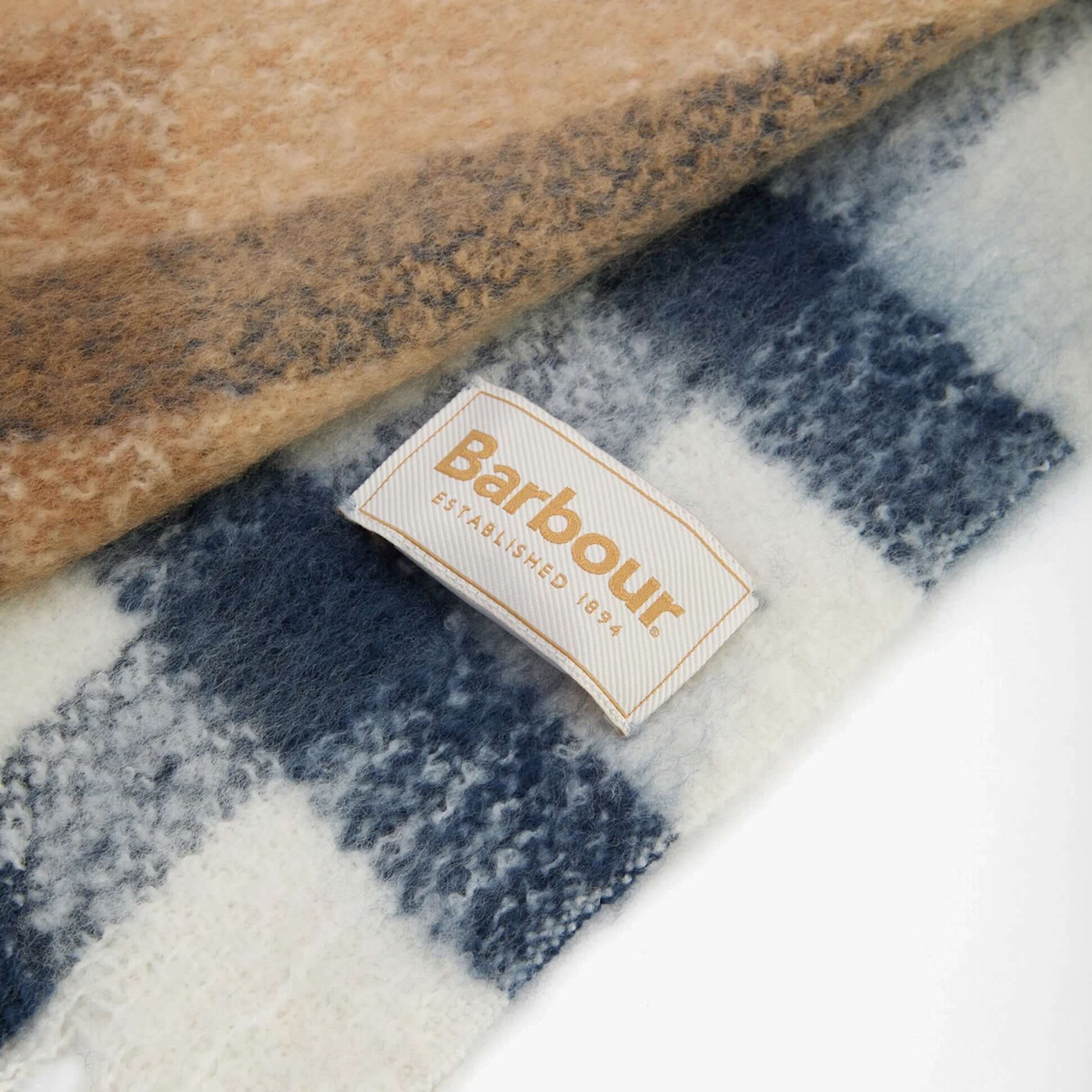 Barbour ISLA TARTAN BOUCLE Womens Winter Hessian Tartan detail view of the scarf label and tartan pattern.