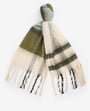 Barbour ISLA TARTAN BOUCLE Scarf Womens Soft Mint top view showcasing soft mint, cream, and green tartan design with tasselled trims.