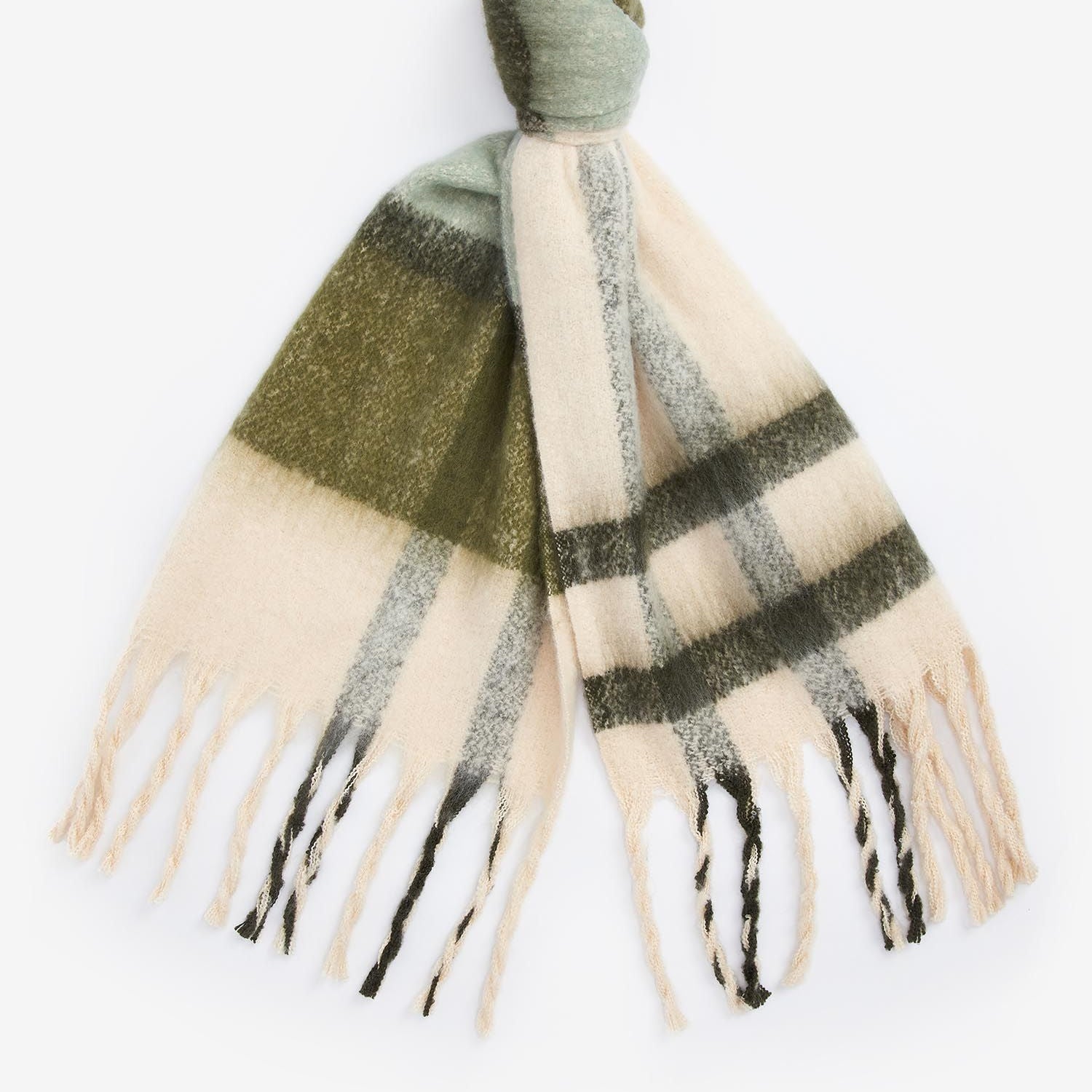 Barbour ISLA TARTAN BOUCLE Scarf Womens Soft Mint top view showcasing soft mint, cream, and green tartan design with tasselled trims.