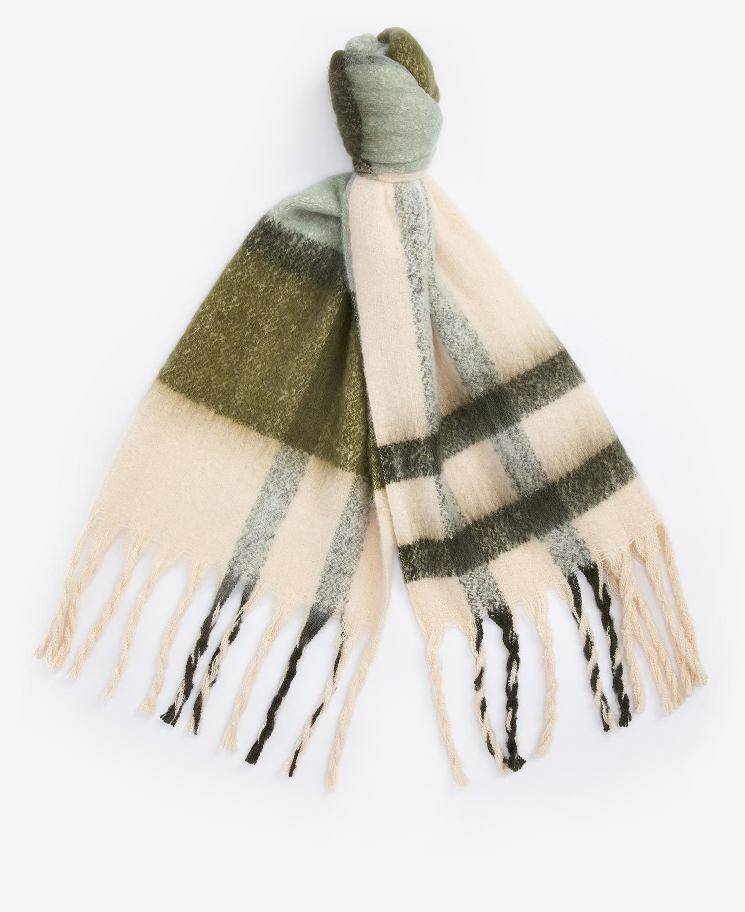 Barbour ISLA TARTAN BOUCLE Scarf Womens Soft Mint top view showcasing soft mint, cream, and green tartan design with tasselled trims.