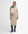 Barbour ISLA TARTAN BOUCLE Scarf Womens Soft Mint worn by model in front view with cream dress and black boots.