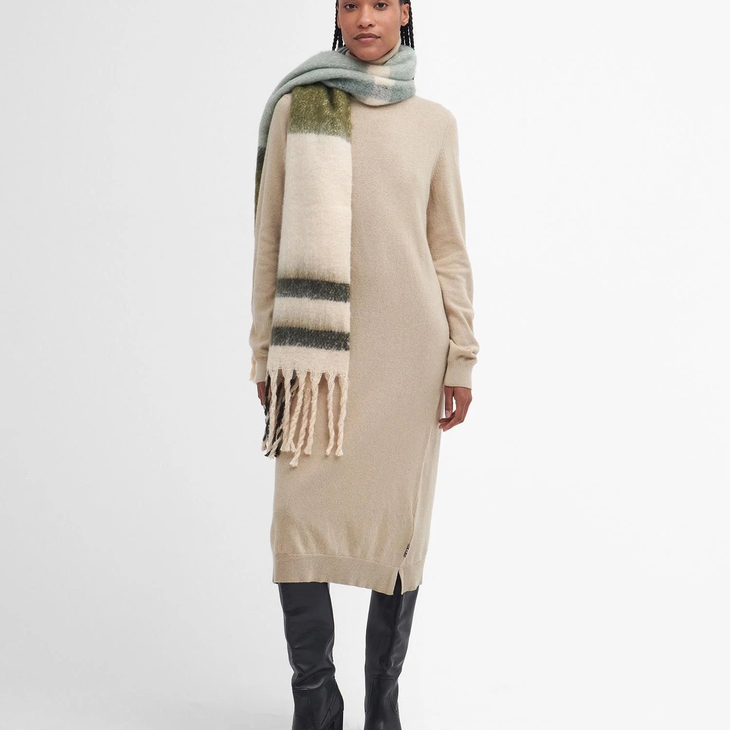 Barbour ISLA TARTAN BOUCLE Scarf Womens Soft Mint worn by model in front view with cream dress and black boots.
