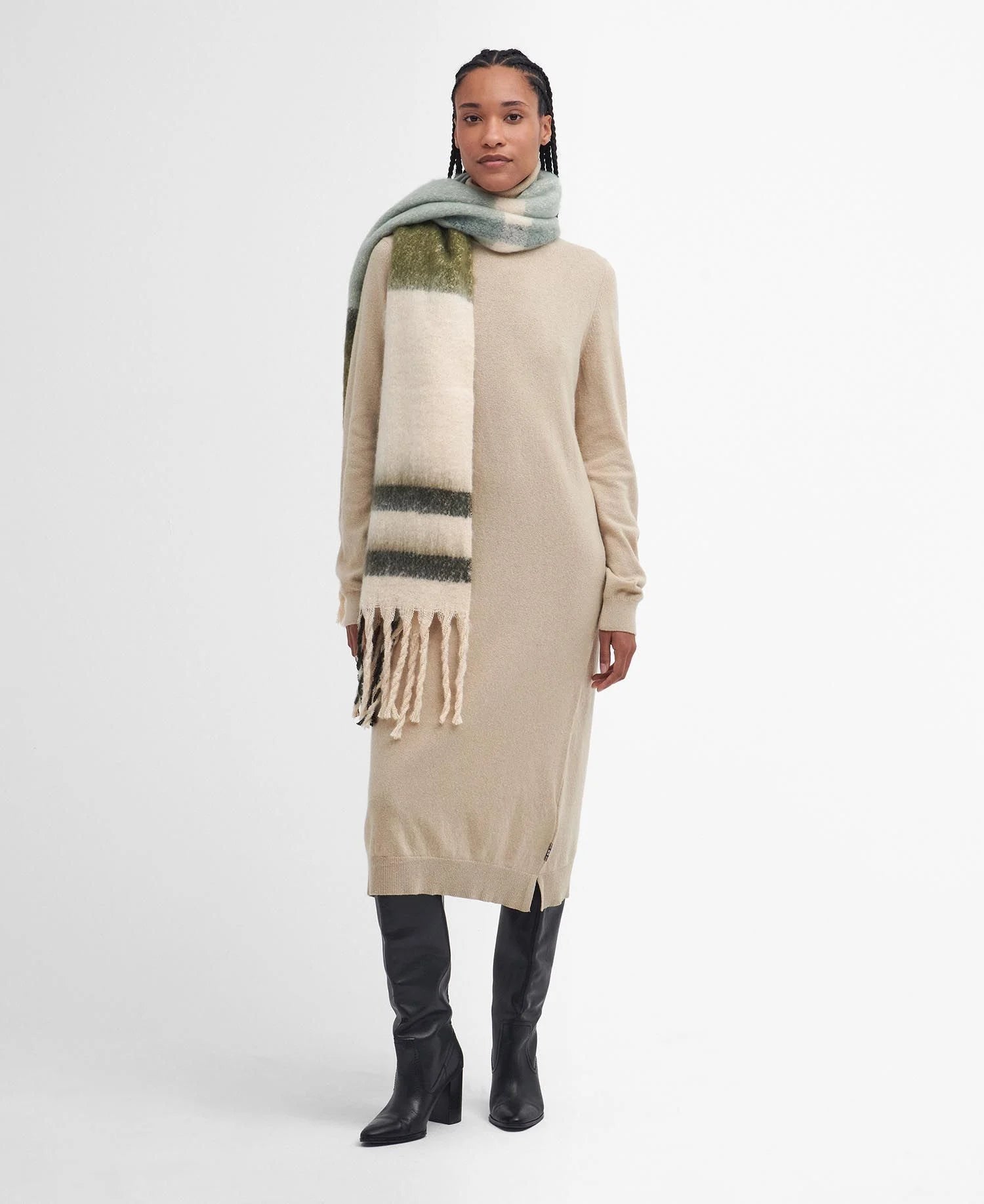 Barbour ISLA TARTAN BOUCLE Scarf Womens Soft Mint worn by model in front view with cream dress and black boots.