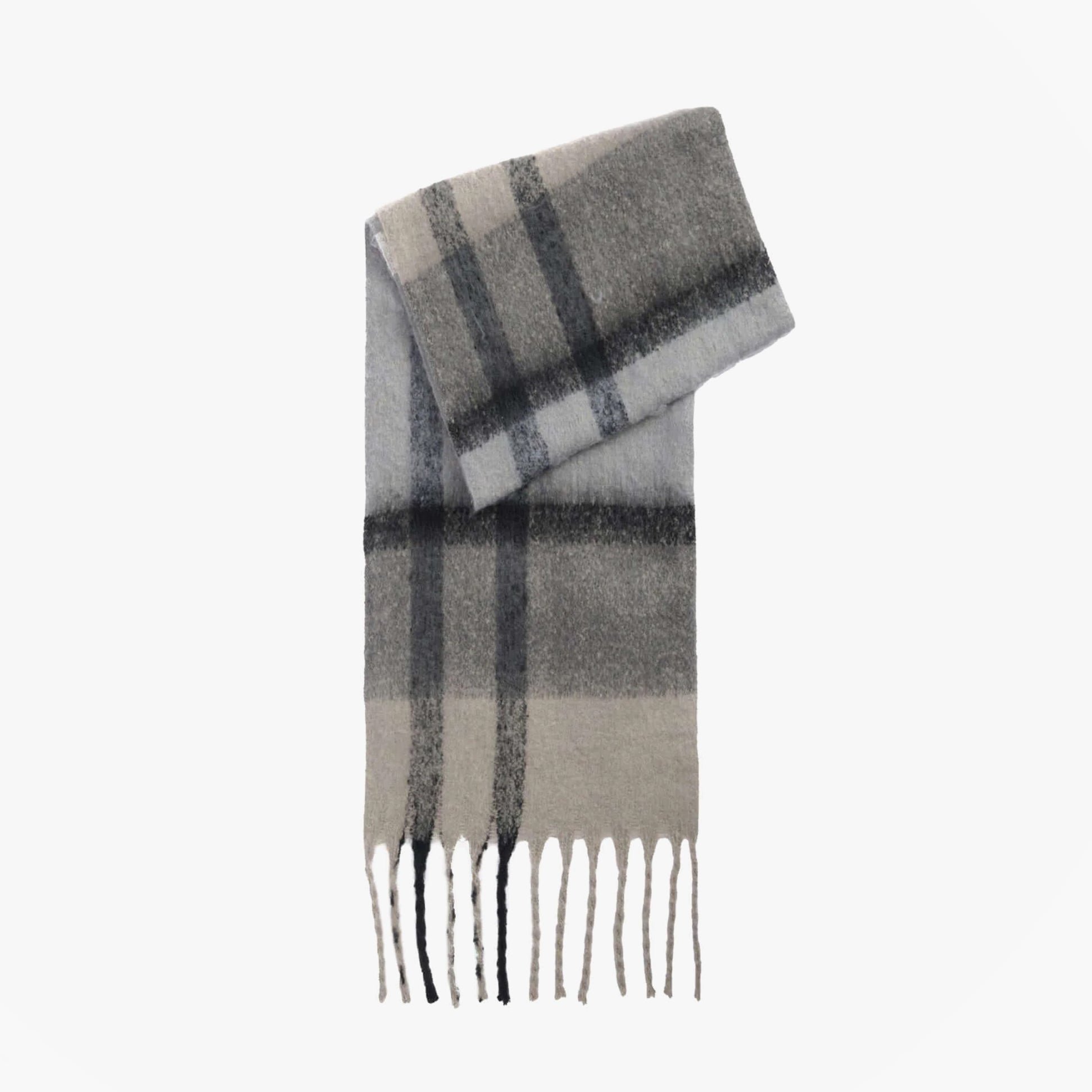 Barbour ISLA TARTAN BOUCLE Womens Winter Monochrome Tartan detail view of the scarf in grey and black tartan pattern.