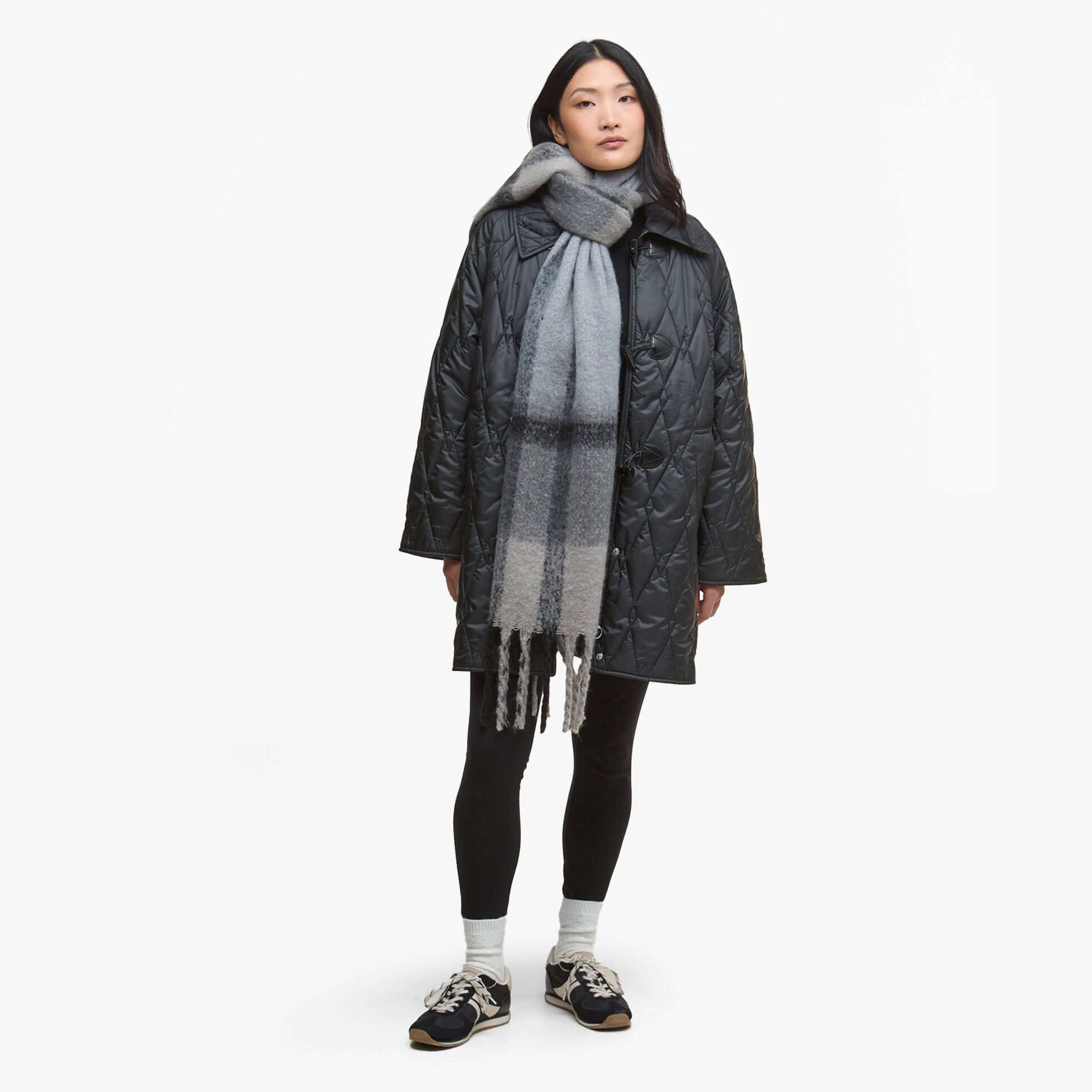 Barbour ISLA TARTAN BOUCLE Womens Winter Monochrome Tartan front view with model wearing grey scarf and coat.