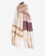 Barbour ISLA TARTAN BOUCLE Scarf Womens Muted Cabernet front view showing soft material and tasselled trims.