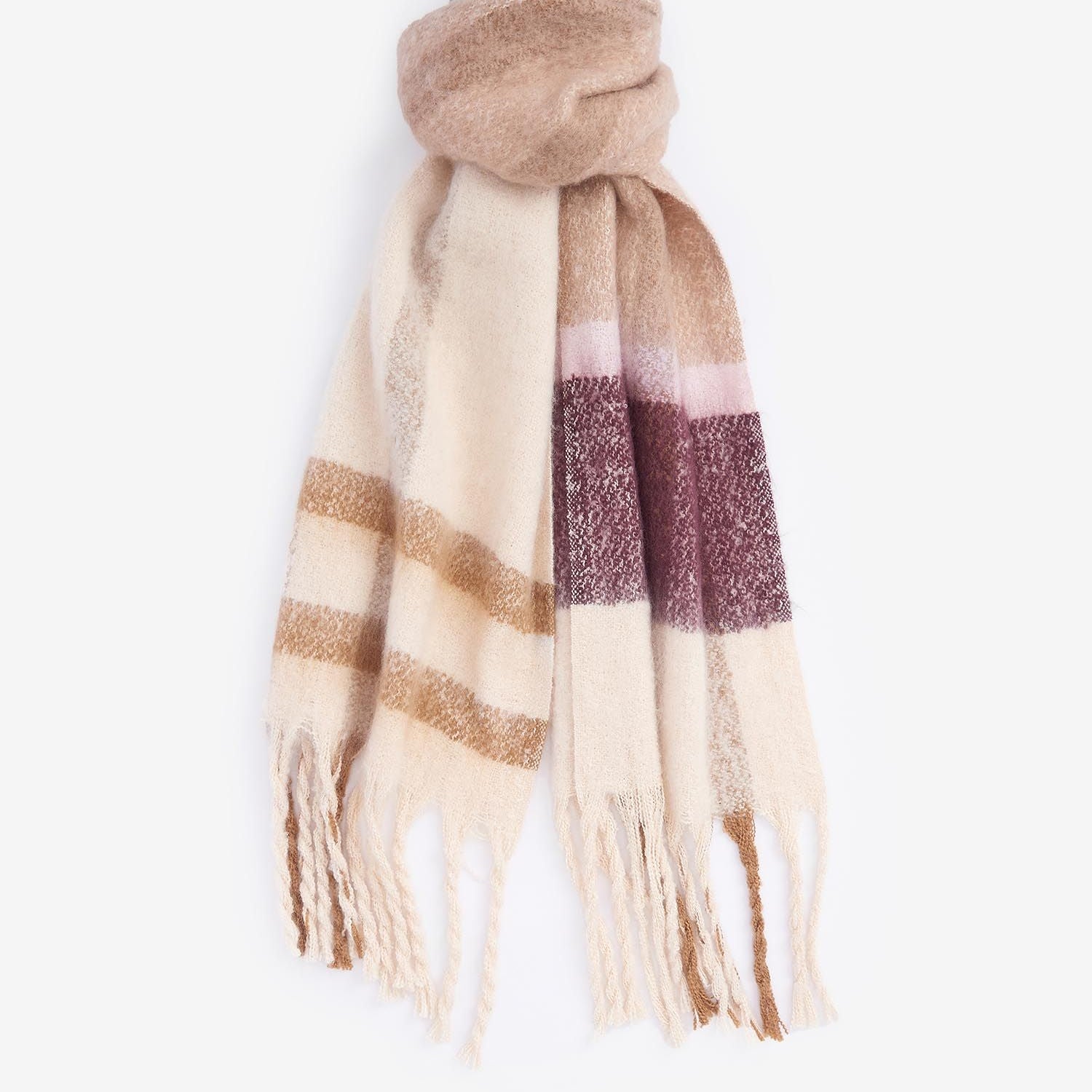 Barbour ISLA TARTAN BOUCLE Scarf Womens Muted Cabernet front view showing soft material and tasselled trims.