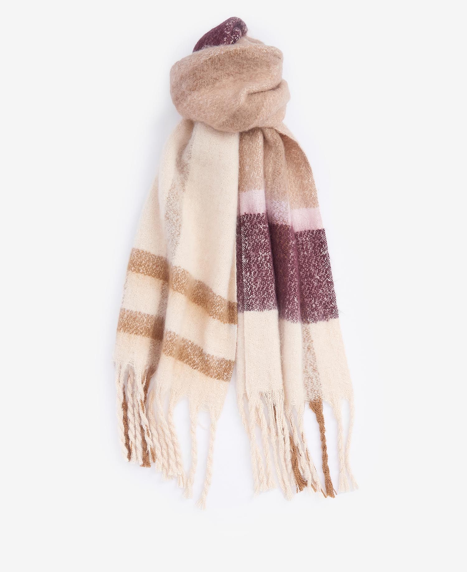 Barbour ISLA TARTAN BOUCLE Scarf Womens Muted Cabernet front view showing soft material and tasselled trims.
