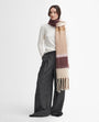Barbour ISLA TARTAN BOUCLE Scarf Womens Muted Cabernet front view, featuring tasselled trims and signature tartan pattern.