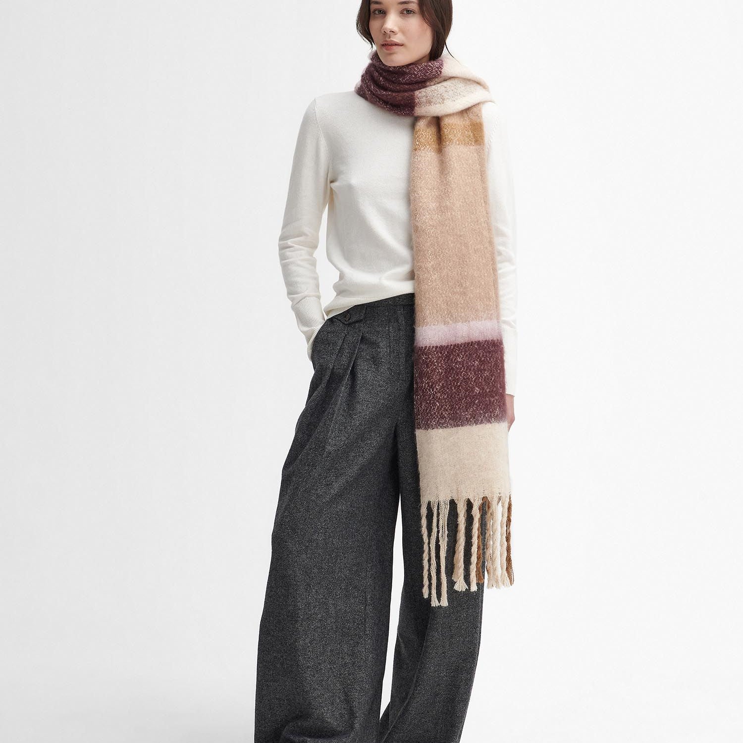 Barbour ISLA TARTAN BOUCLE Scarf Womens Muted Cabernet front view, featuring tasselled trims and signature tartan pattern.