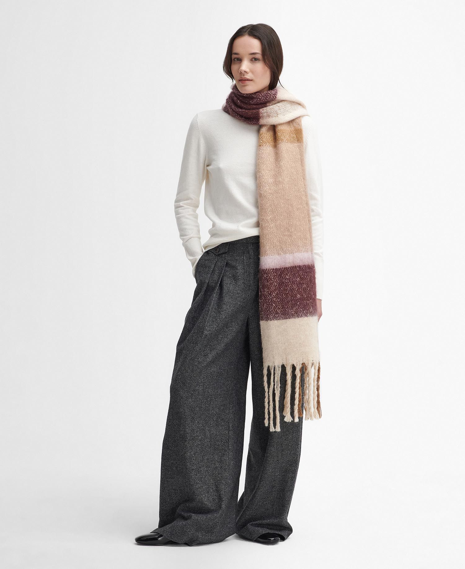 Barbour ISLA TARTAN BOUCLE Scarf Womens Muted Cabernet front view, featuring tasselled trims and signature tartan pattern.