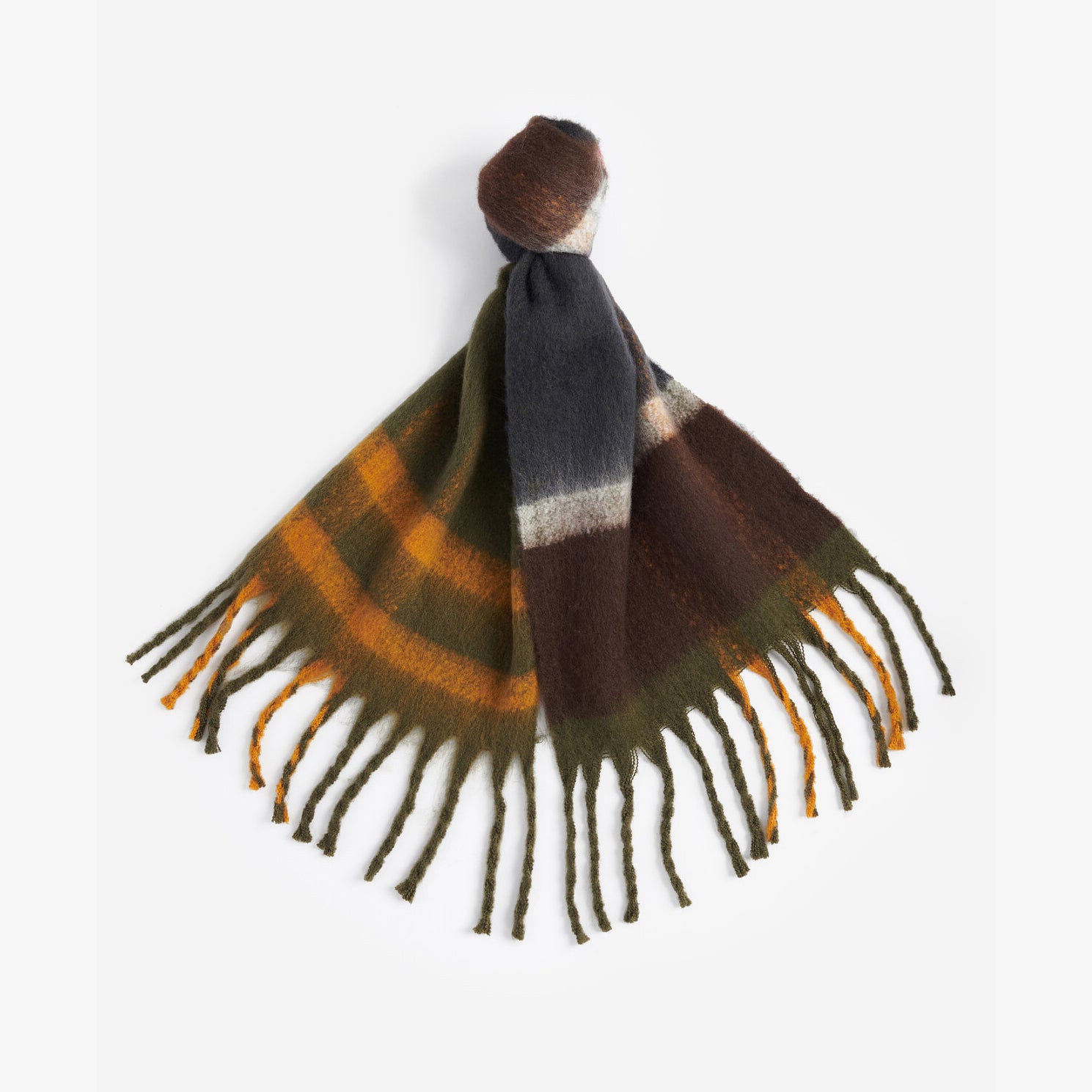 Barbour ISLA TARTAN BOUCLE Scarf Womens Classic top view with tasselled trims in dark green, brown, and orange colors.