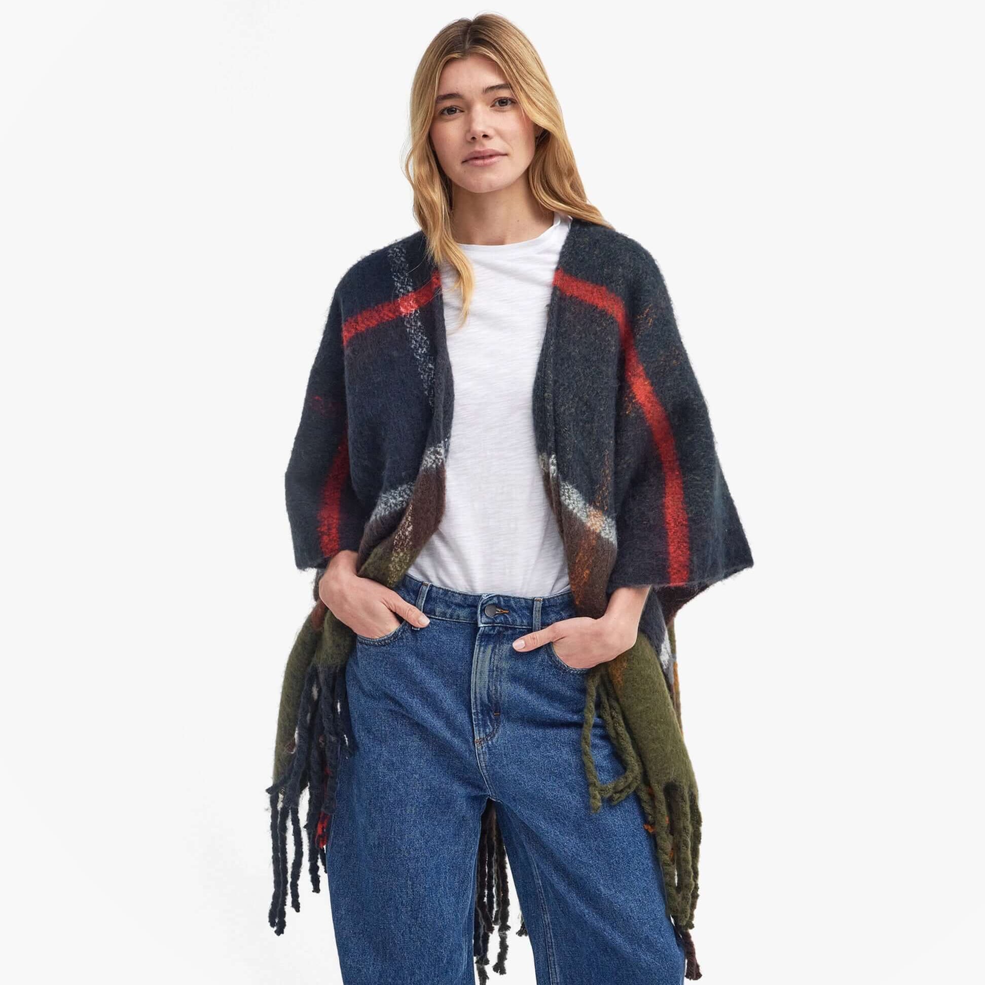 Barbour ISLA BOUCLE SERAPE Womens Wrap Classic front view showcasing multicolored design, stylish drape, and fringed edges.