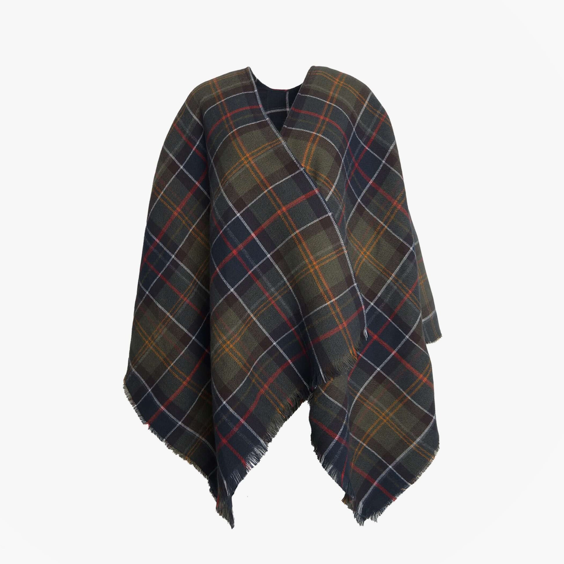 Barbour MONTIETH SERAPE Womens Scarf Classic front view in plaid design, 81% Polyester, 19% Viscose, dimensions 145cm x 140cm.