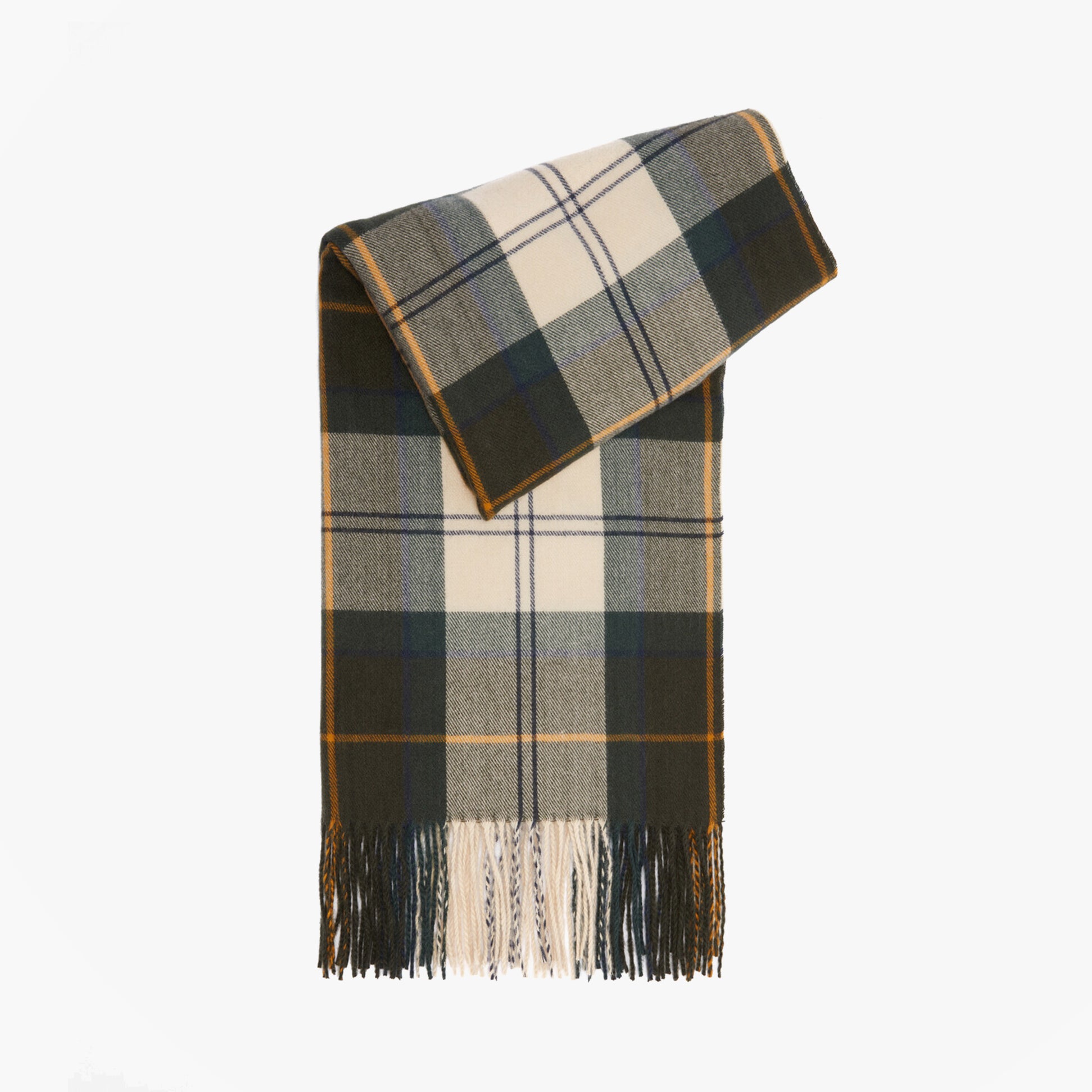 Barbour HAILESTARTAN Womens Winter Ancient Tartan front view scarf with fringe detail.