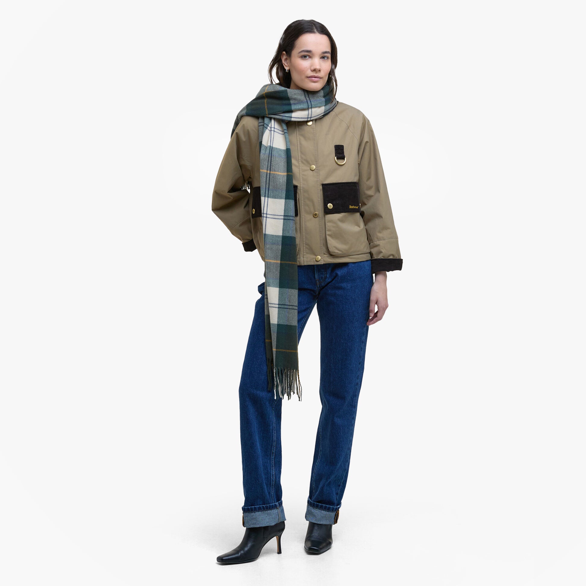 Barbour HAILESTARTAN Womens Winter Ancient Tartan front view with model wearing a scarf, casual outfit and stylish boots.