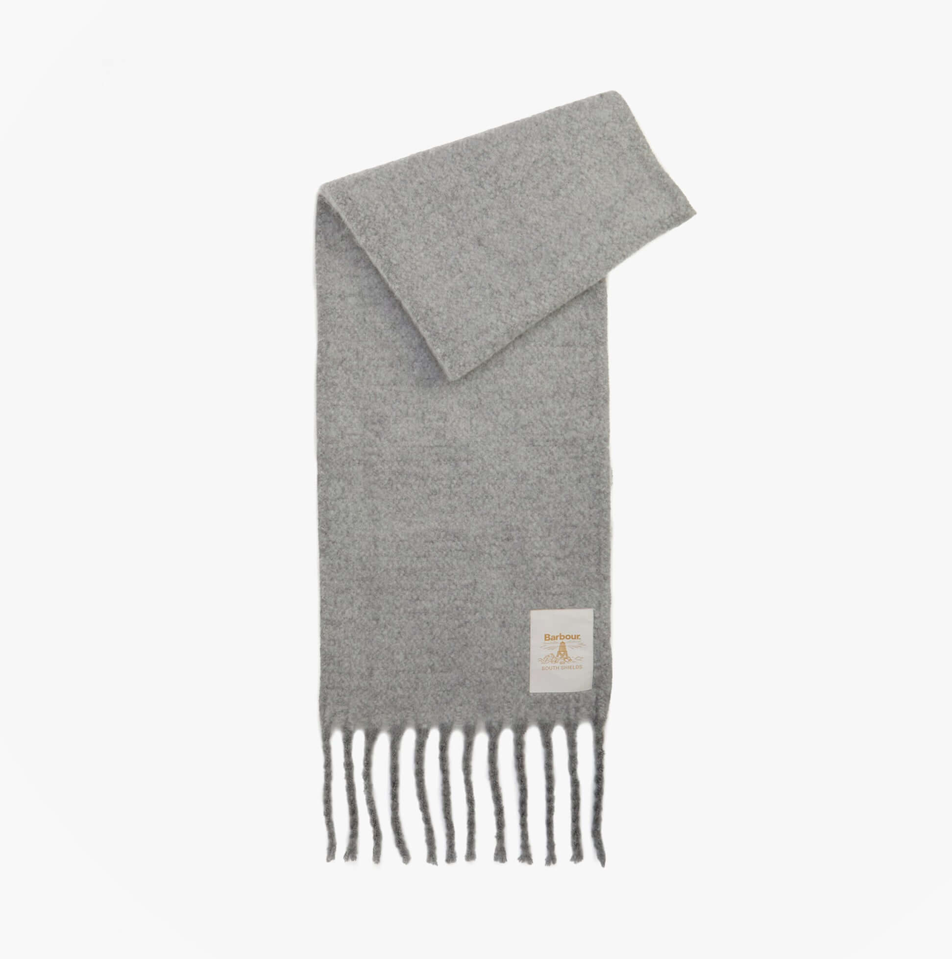 Barbour ELLISON Womens Winter Light Grey scarf, front view, soft polyester material with fringed edges.