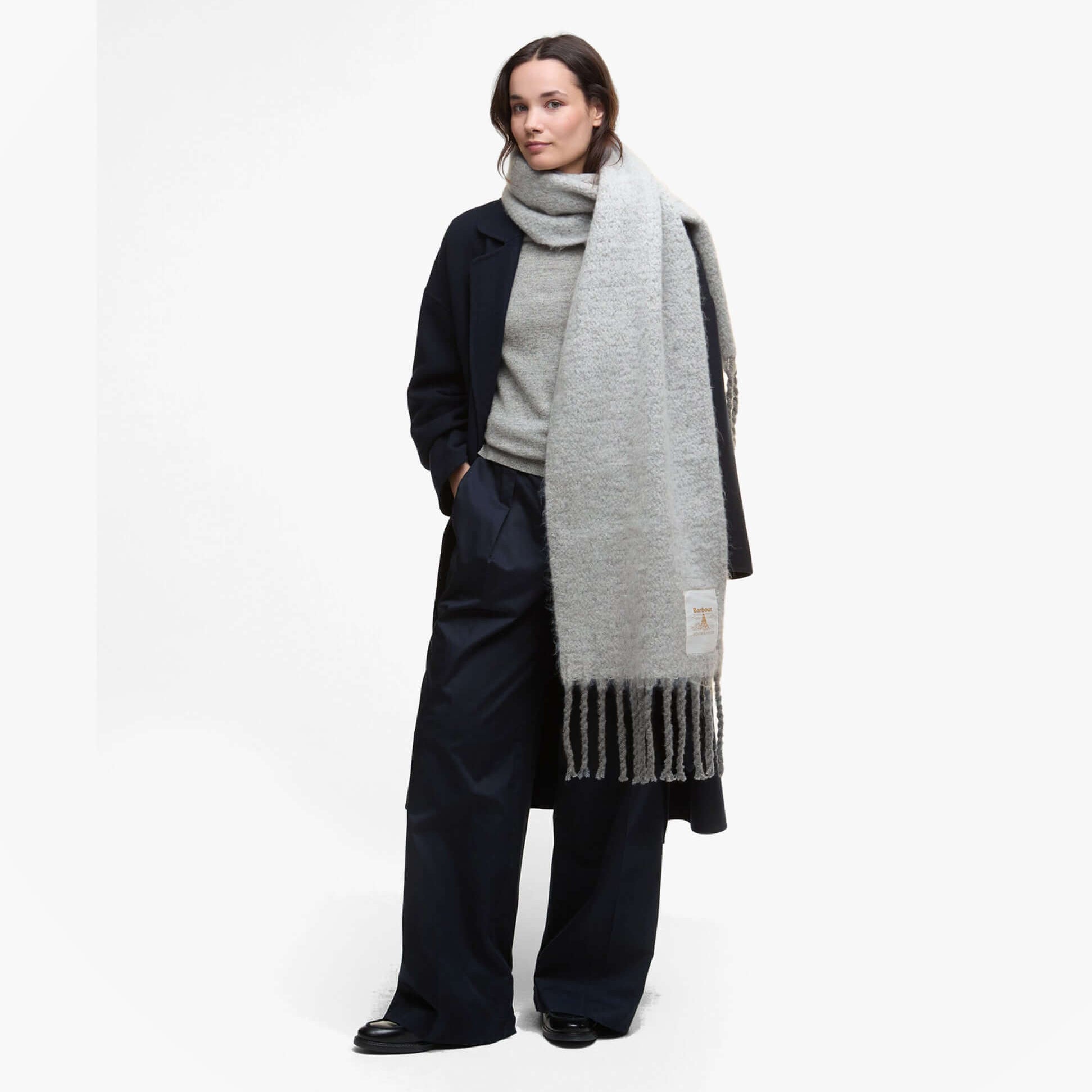 Barbour ELLISON Womens Winter Light Grey front view of model wearing scarf, showing length and knit detail.