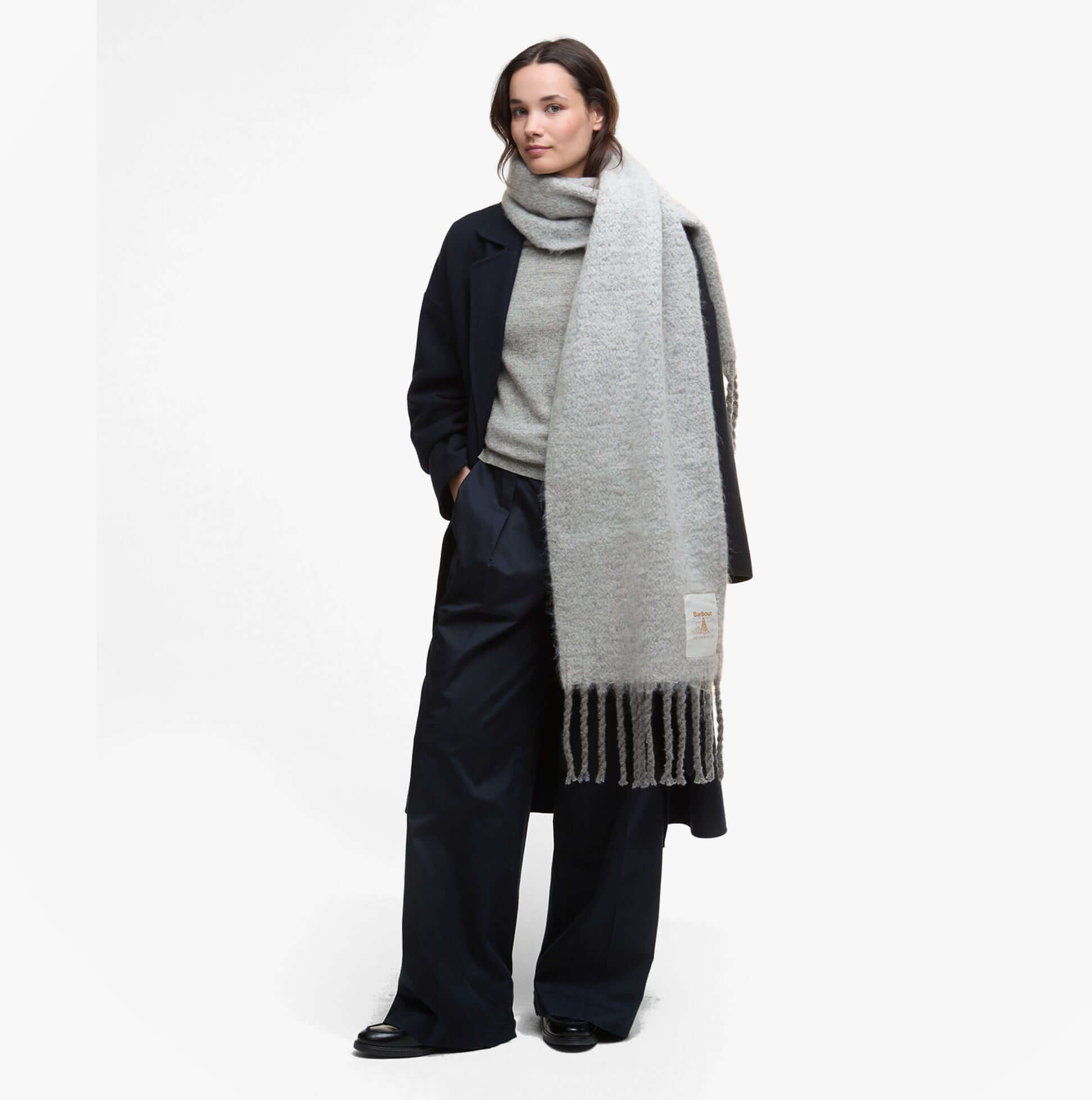 Barbour ELLISON Womens Winter Light Grey front view of model wearing scarf, showing length and knit detail.