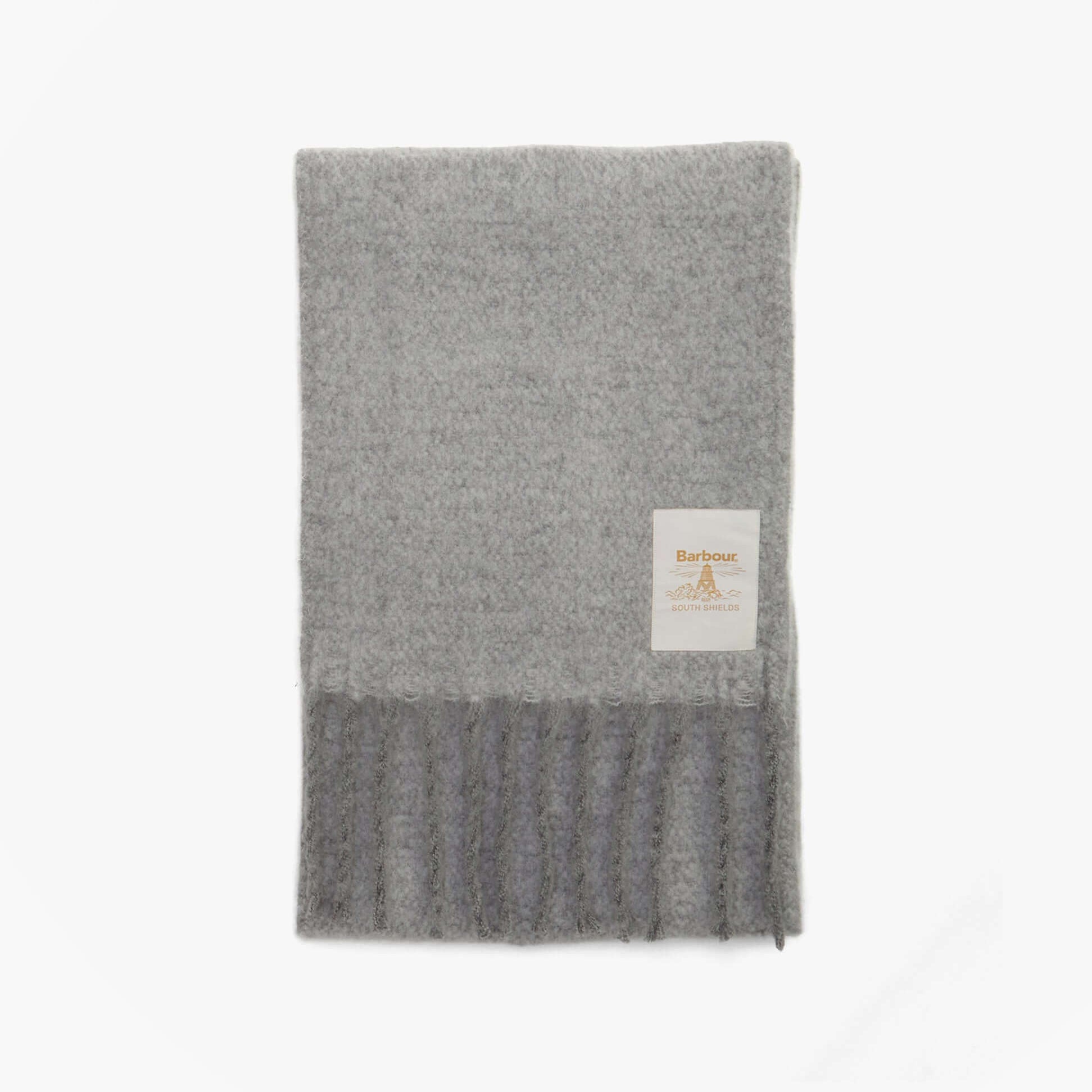 Barbour ELLISON Womens Winter Light Grey front view of the scarf with fringes and logo.