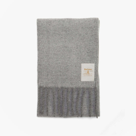 Barbour ELLISON Womens Winter Light Grey front view of the scarf with fringes and logo.